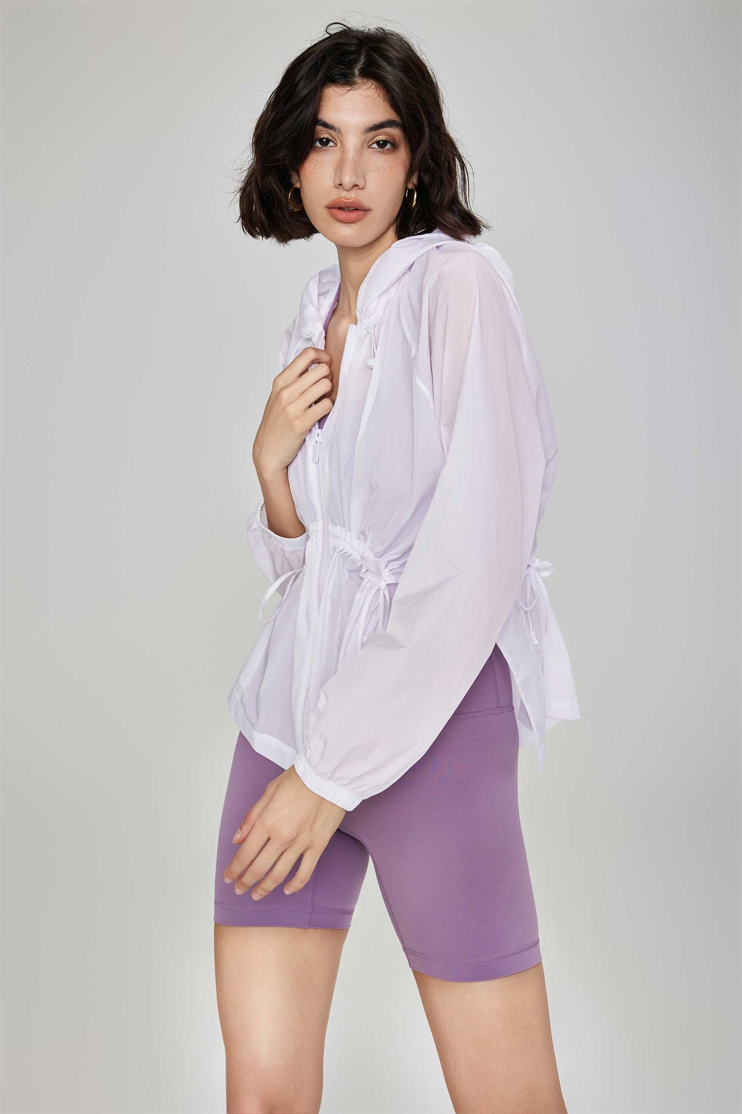 HR41009-Lightweight long-sleeved sports windproof drawstring jacket loose breathable women's zip-up fitness outerwear for summer