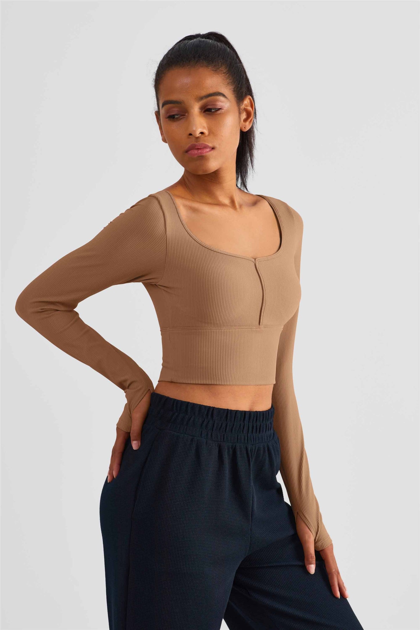 CX1504-FPS semi-fixed cup long-sleeved yoga wear spring and summer new sports top women's large neckline tight finger set fitness wear