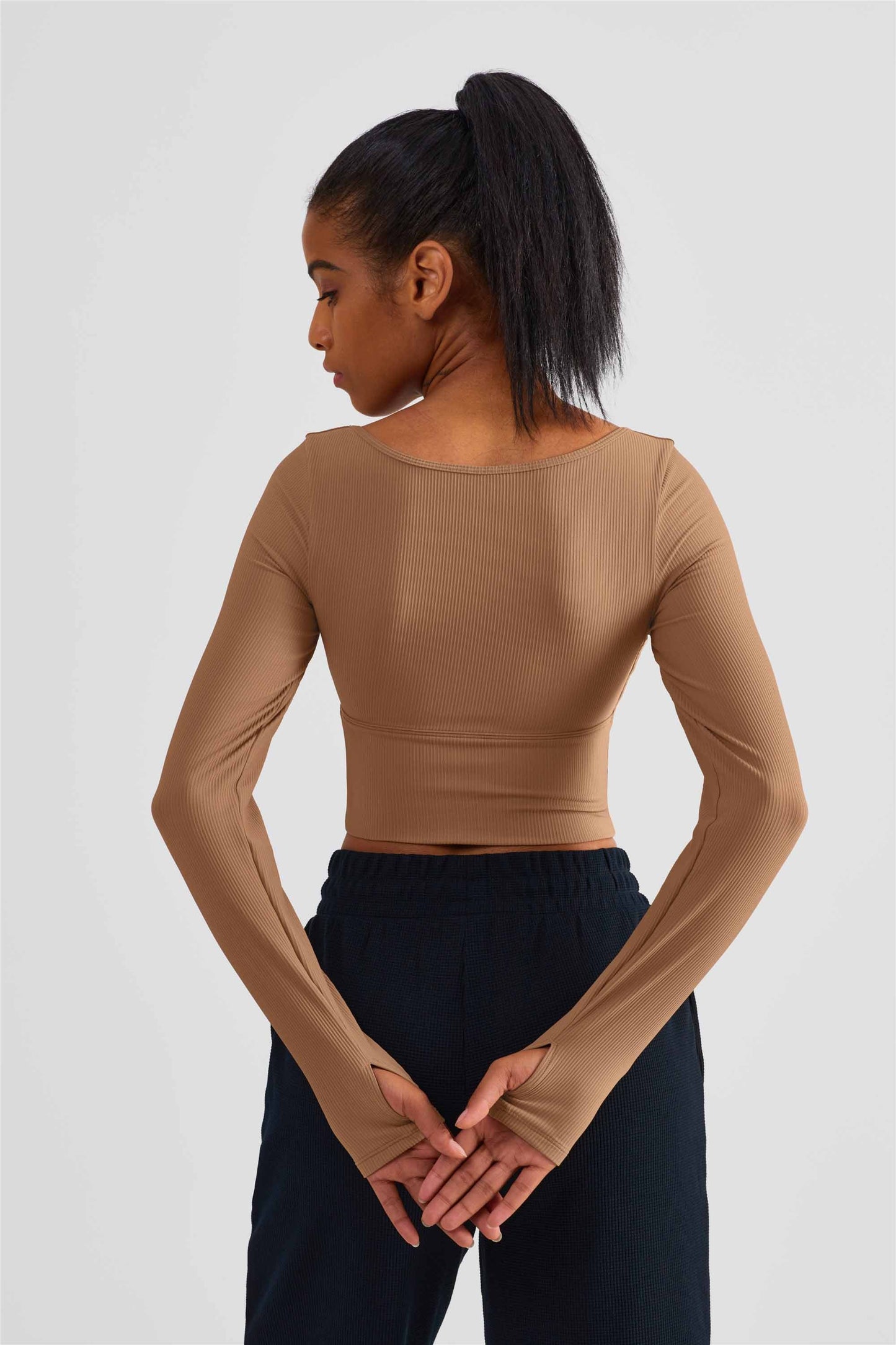 CX1504-FPS semi-fixed cup long-sleeved yoga wear spring and summer new sports top women's large neckline tight finger set fitness wear