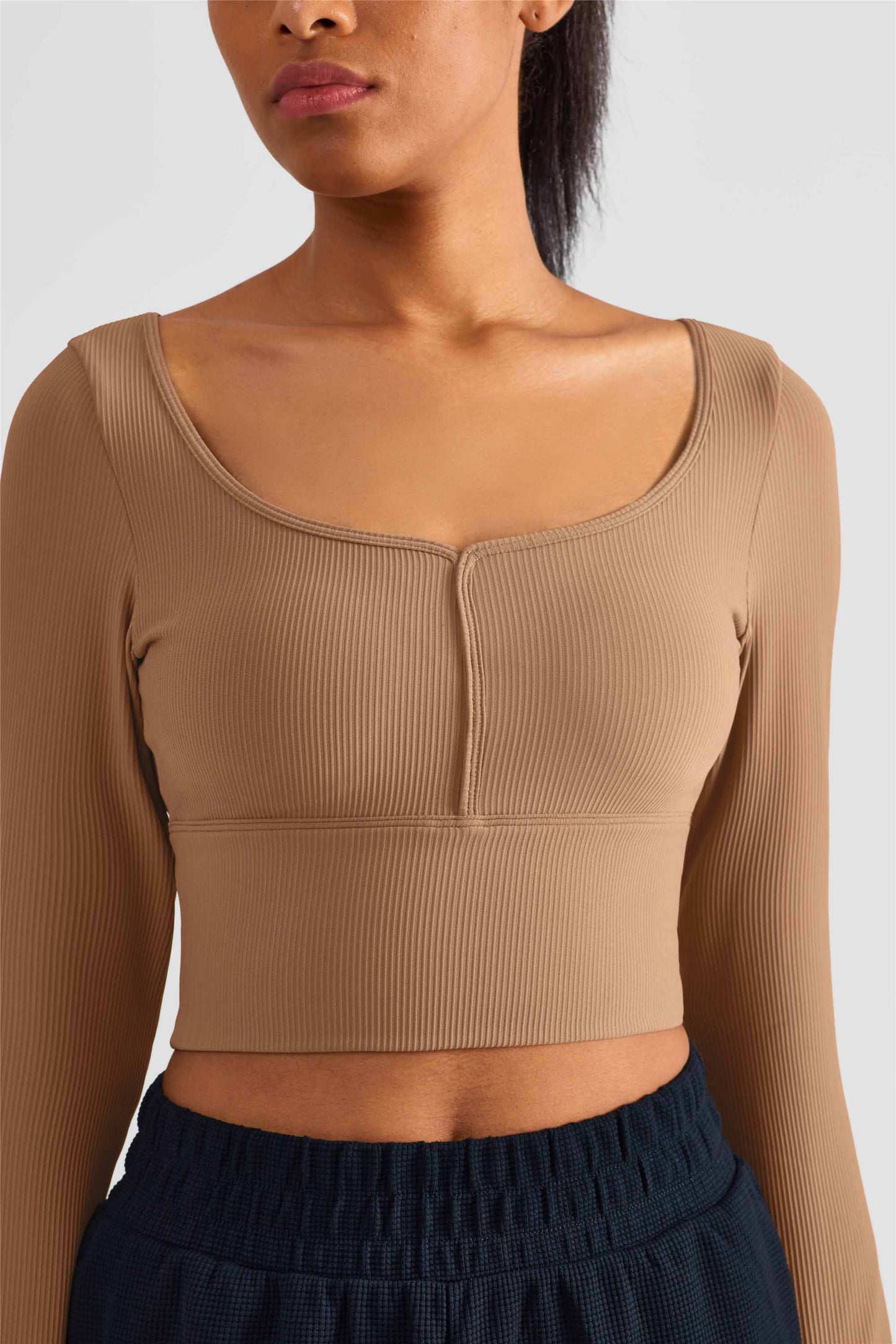 CX1504-FPS semi-fixed cup long-sleeved yoga wear spring and summer new sports top women's large neckline tight finger set fitness wear
