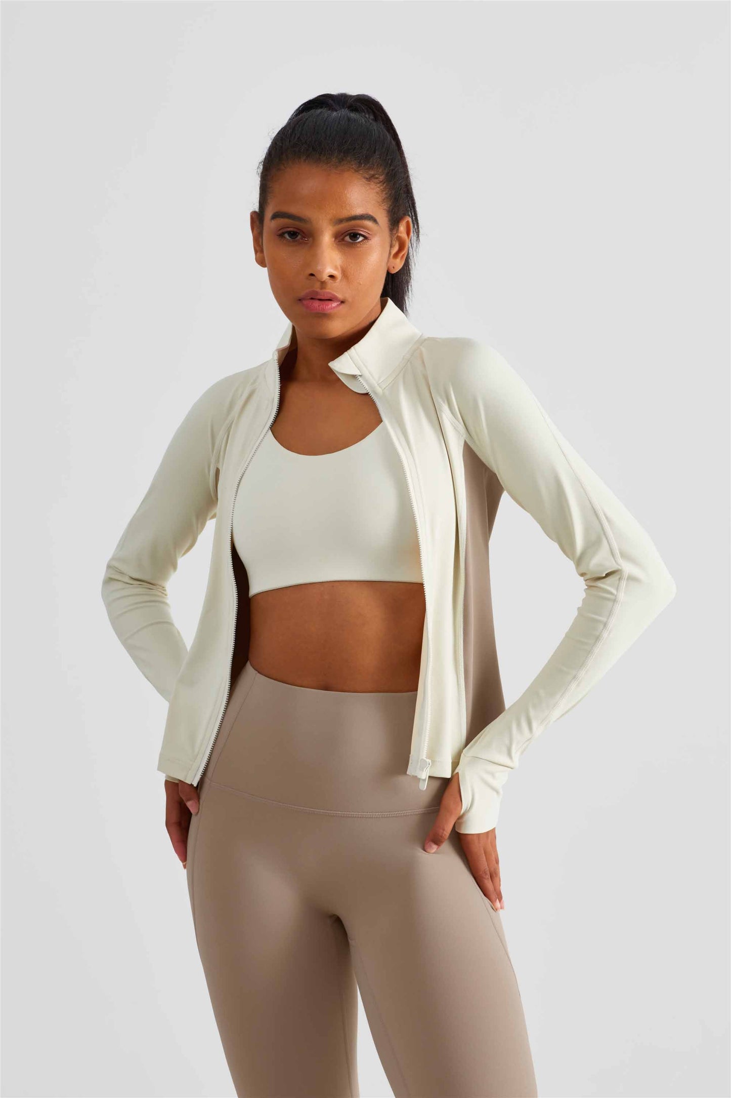 WT1505-NULS new matching color waist fine top women's non-slip zipper comfortable tight sport coat High tie finger set sportswear