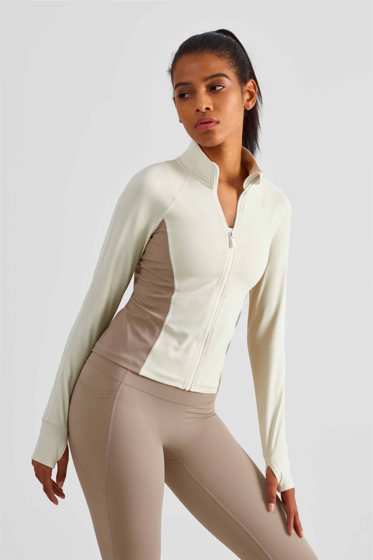 WT1505-NULS new matching color waist fine top women's non-slip zipper comfortable tight sport coat High tie finger set sportswear