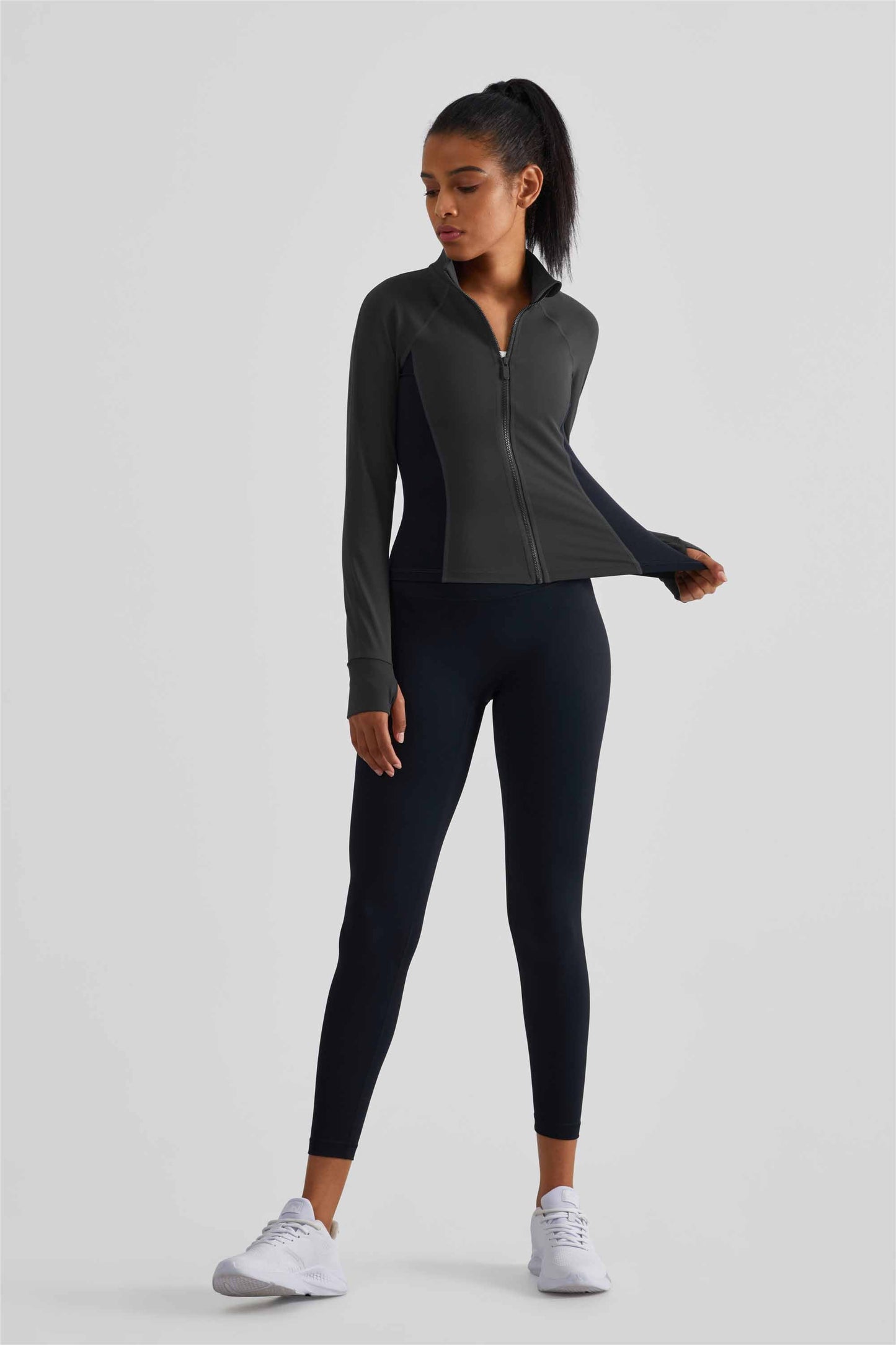 WT1505-NULS new matching color waist fine top women's non-slip zipper comfortable tight sport coat High tie finger set sportswear