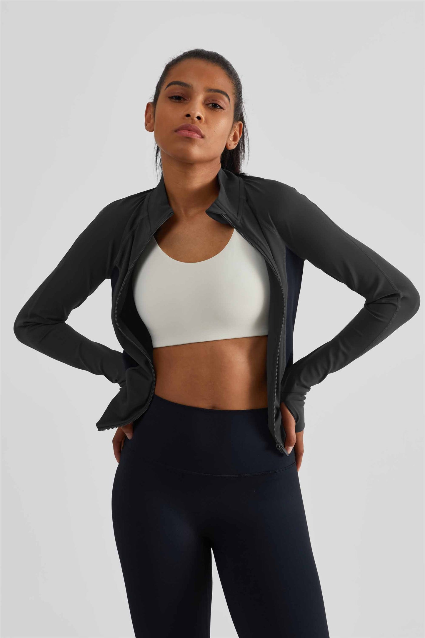 WT1505-NULS new matching color waist fine top women's non-slip zipper comfortable tight sport coat High tie finger set sportswear