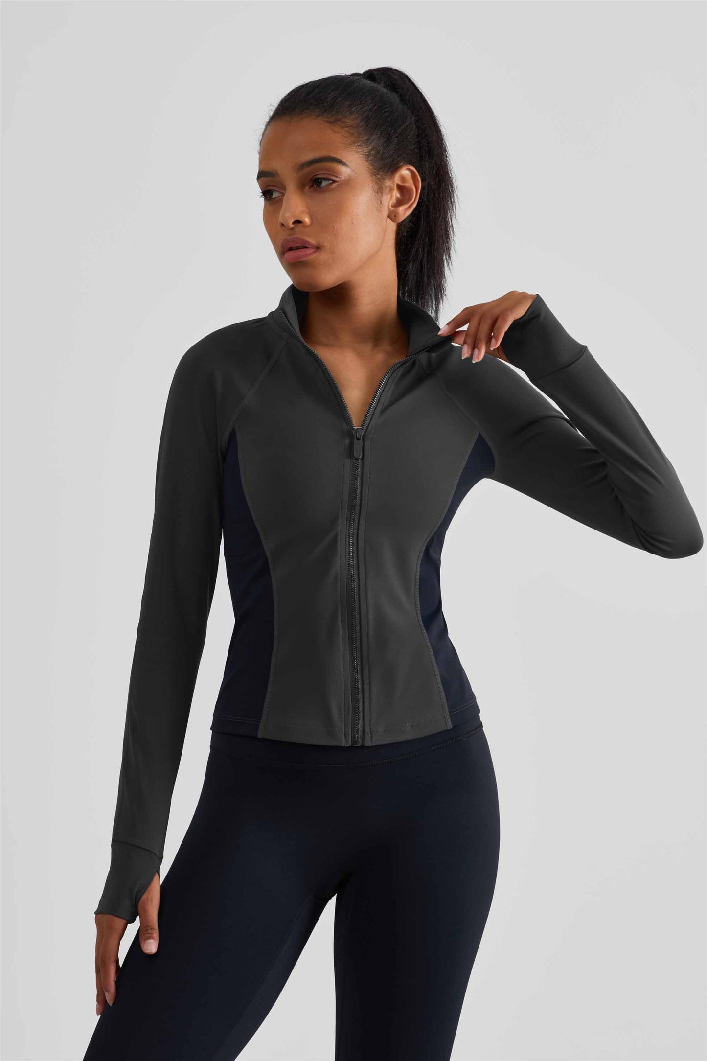 WT1505-NULS new matching color waist fine top women's non-slip zipper comfortable tight sport coat High tie finger set sportswear