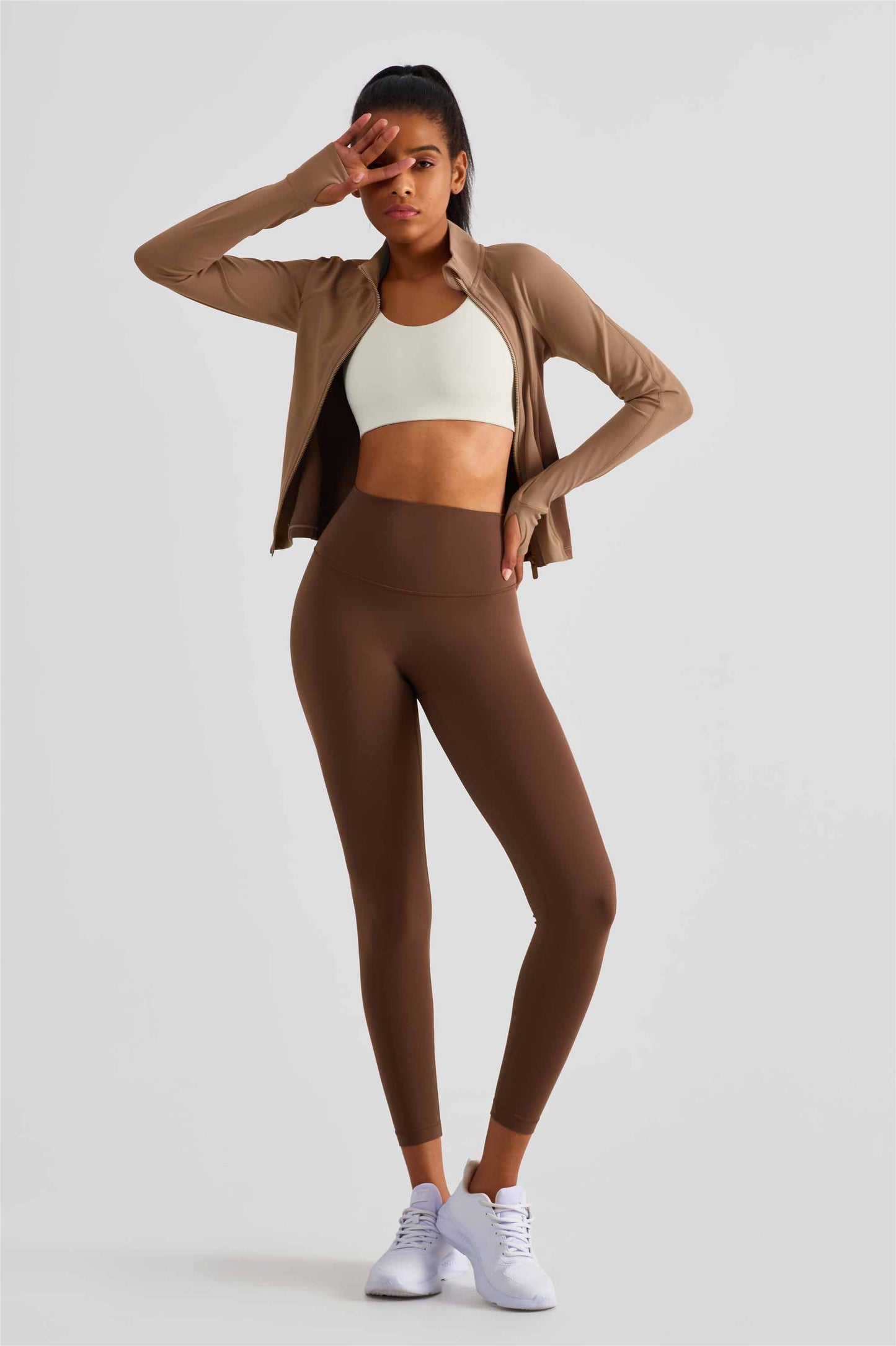 WT1505-NULS new matching color waist fine top women's non-slip zipper comfortable tight sport coat High tie finger set sportswear