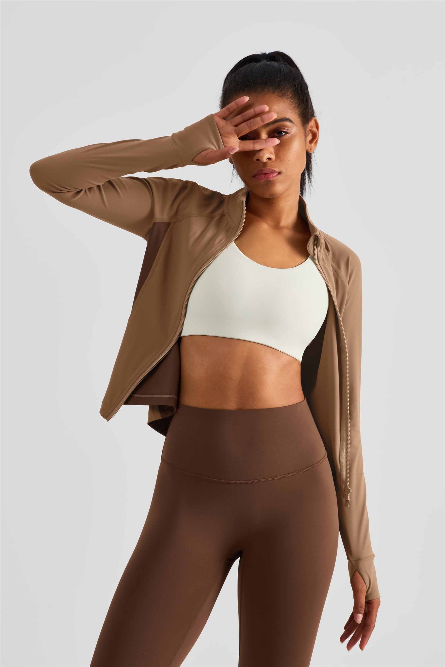 WT1505-NULS new matching color waist fine top women's non-slip zipper comfortable tight sport coat High tie finger set sportswear