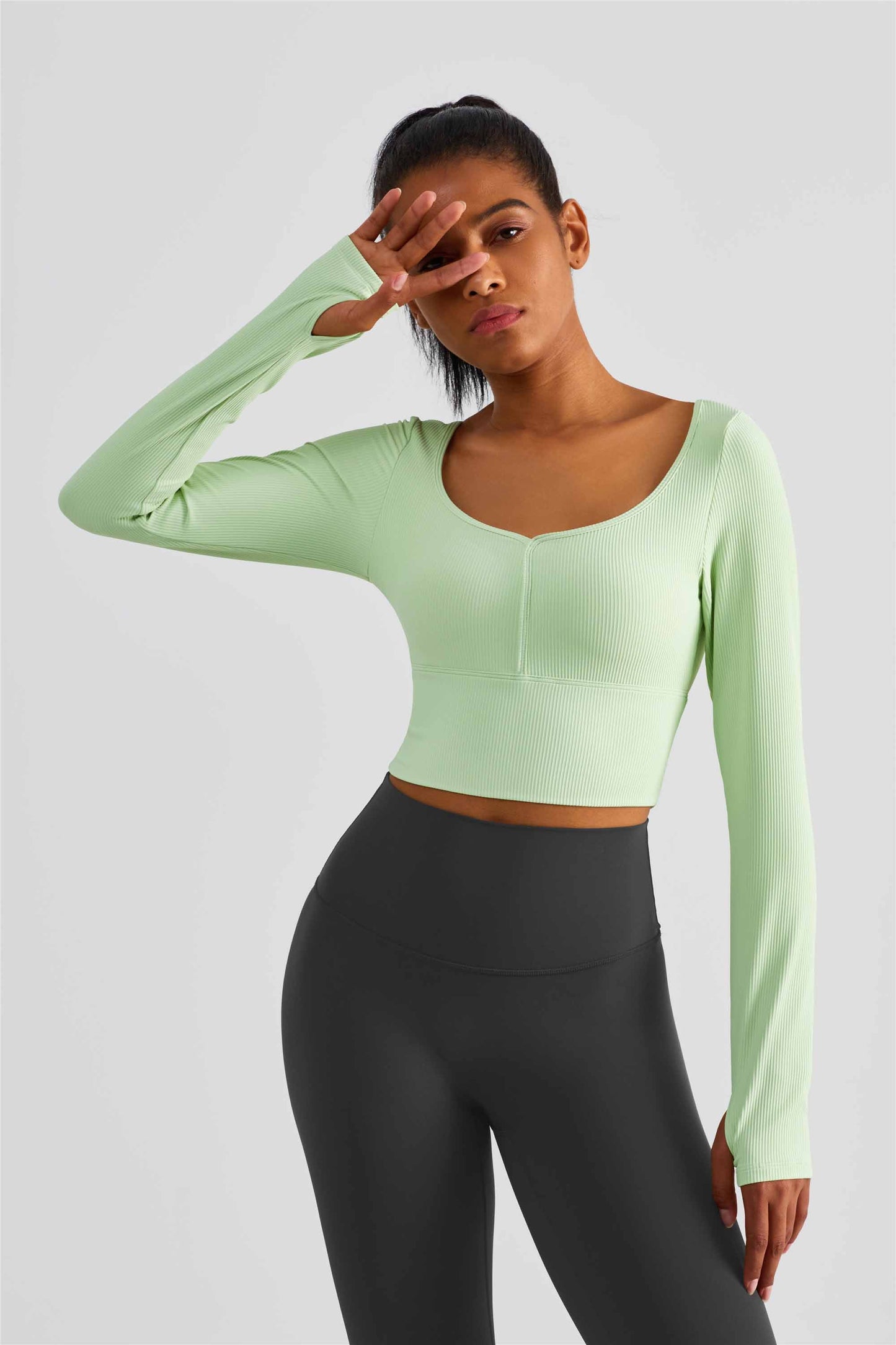 CX1504-FPS semi-fixed cup long-sleeved yoga wear spring and summer new sports top women's large neckline tight finger set fitness wear