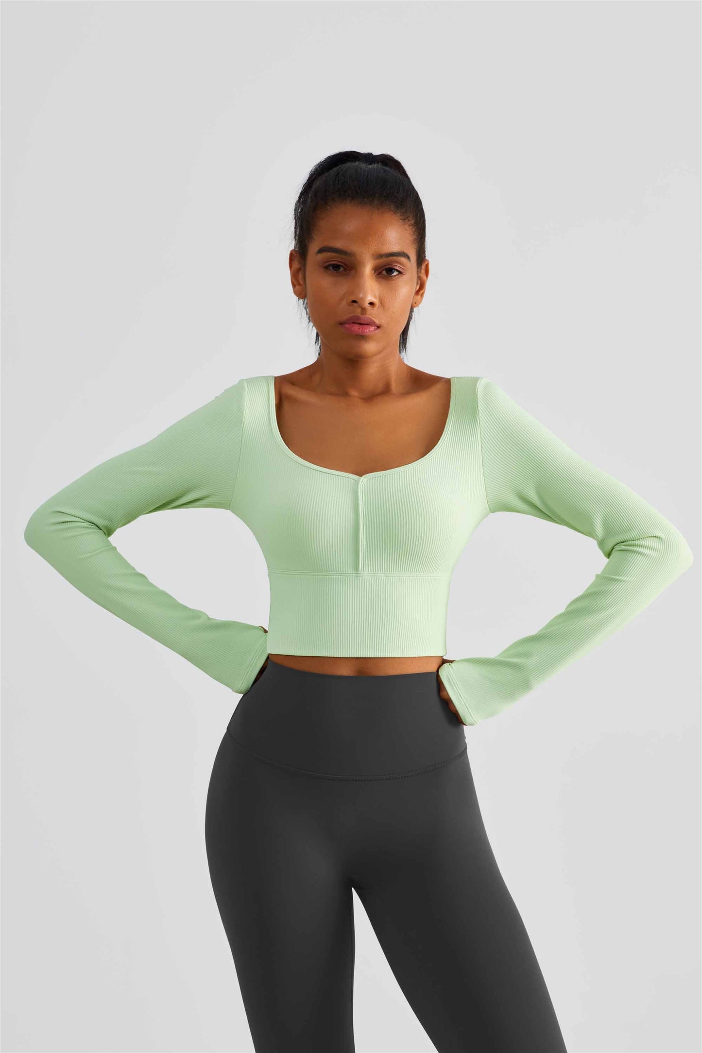 CX1504-FPS semi-fixed cup long-sleeved yoga wear spring and summer new sports top women's large neckline tight finger set fitness wear