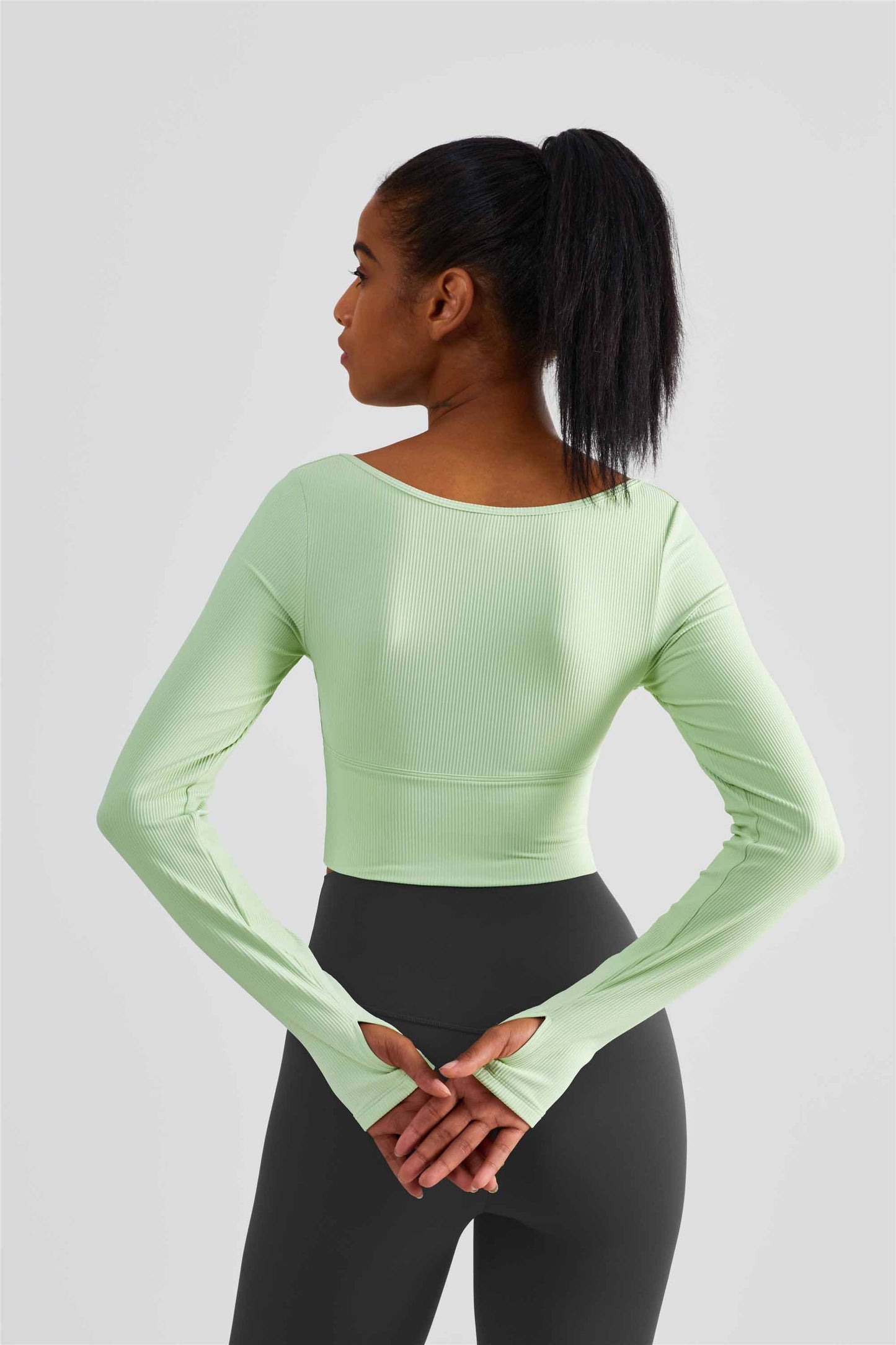 CX1504-FPS semi-fixed cup long-sleeved yoga wear spring and summer new sports top women's large neckline tight finger set fitness wear