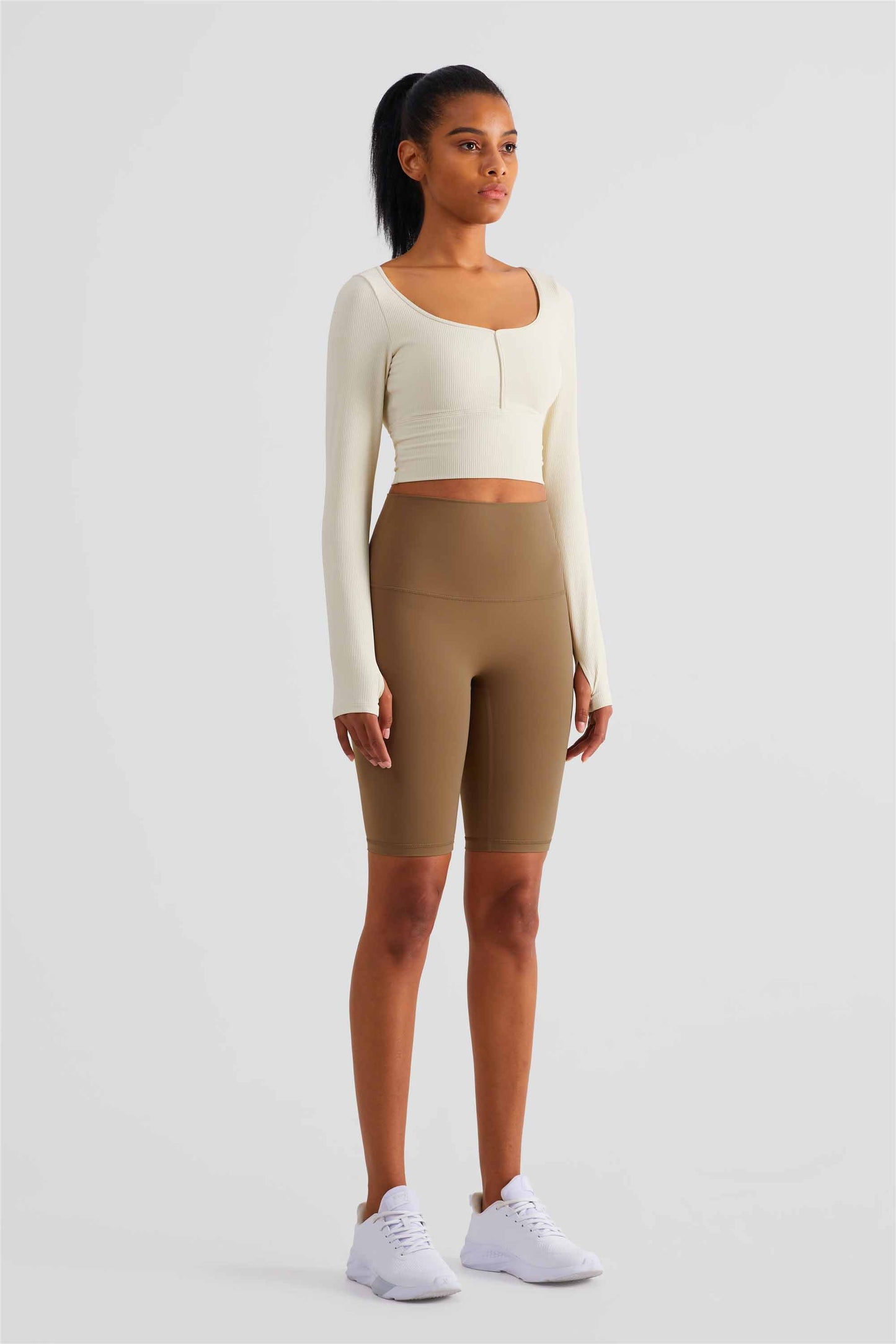 CX1504-FPS semi-fixed cup long-sleeved yoga wear spring and summer new sports top women's large neckline tight finger set fitness wear