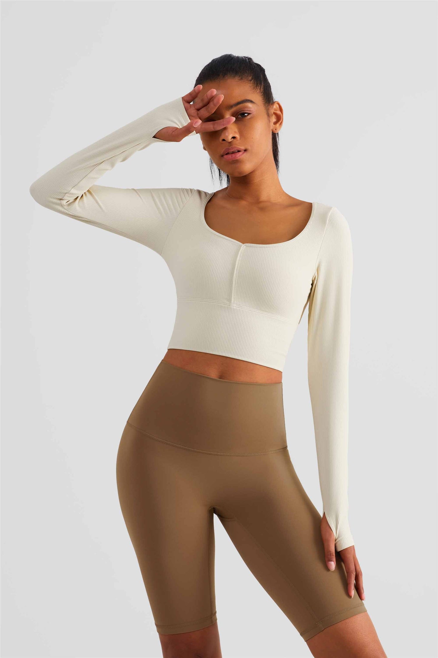 CX1504-FPS semi-fixed cup long-sleeved yoga wear spring and summer new sports top women's large neckline tight finger set fitness wear