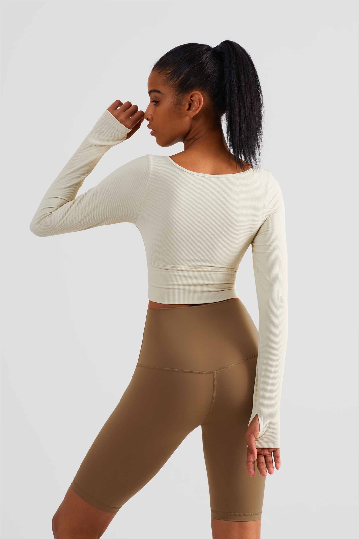 CX1504-FPS semi-fixed cup long-sleeved yoga wear spring and summer new sports top women's large neckline tight finger set fitness wear