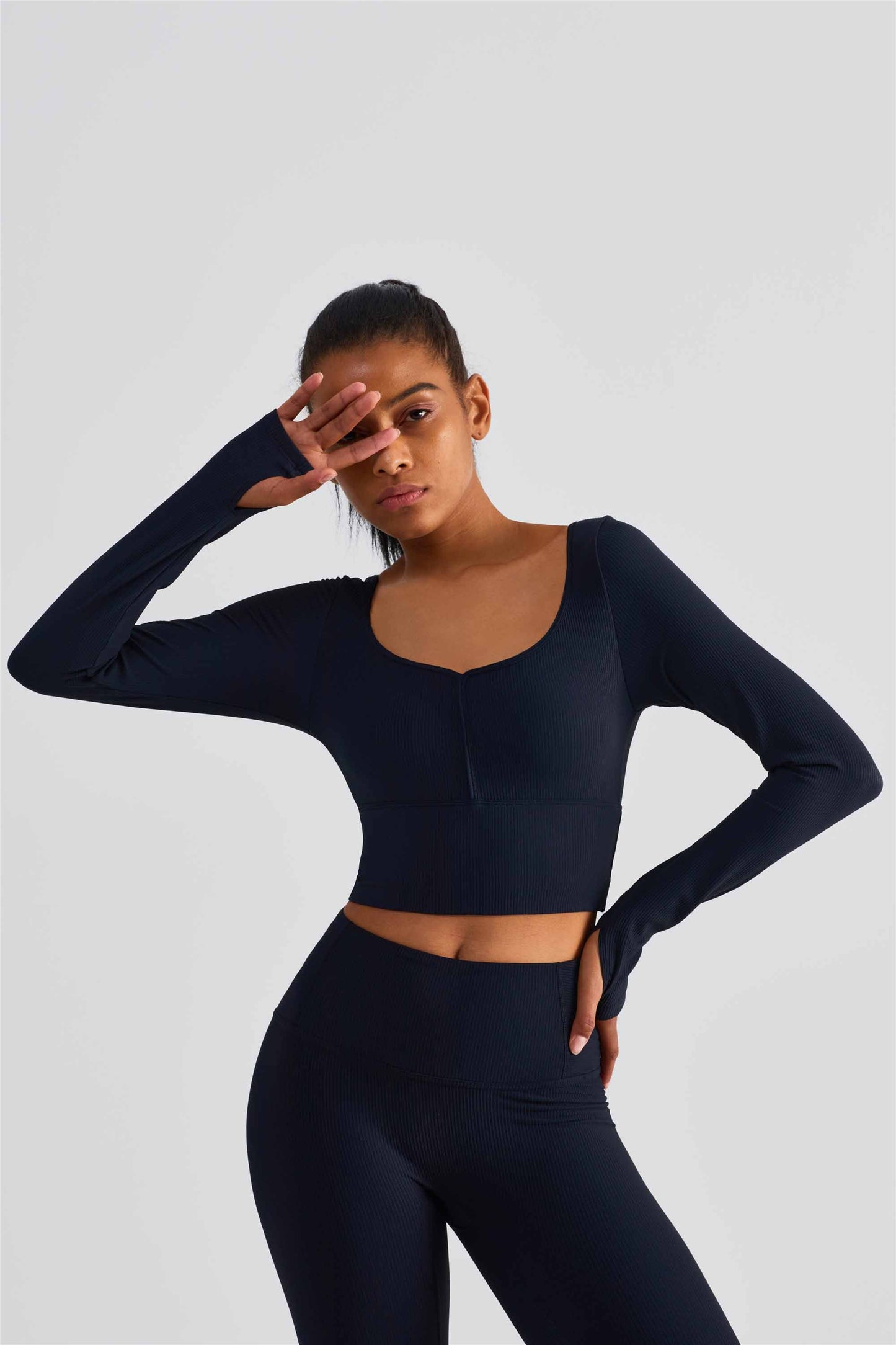 CX1504-FPS semi-fixed cup long-sleeved yoga wear spring and summer new sports top women's large neckline tight finger set fitness wear