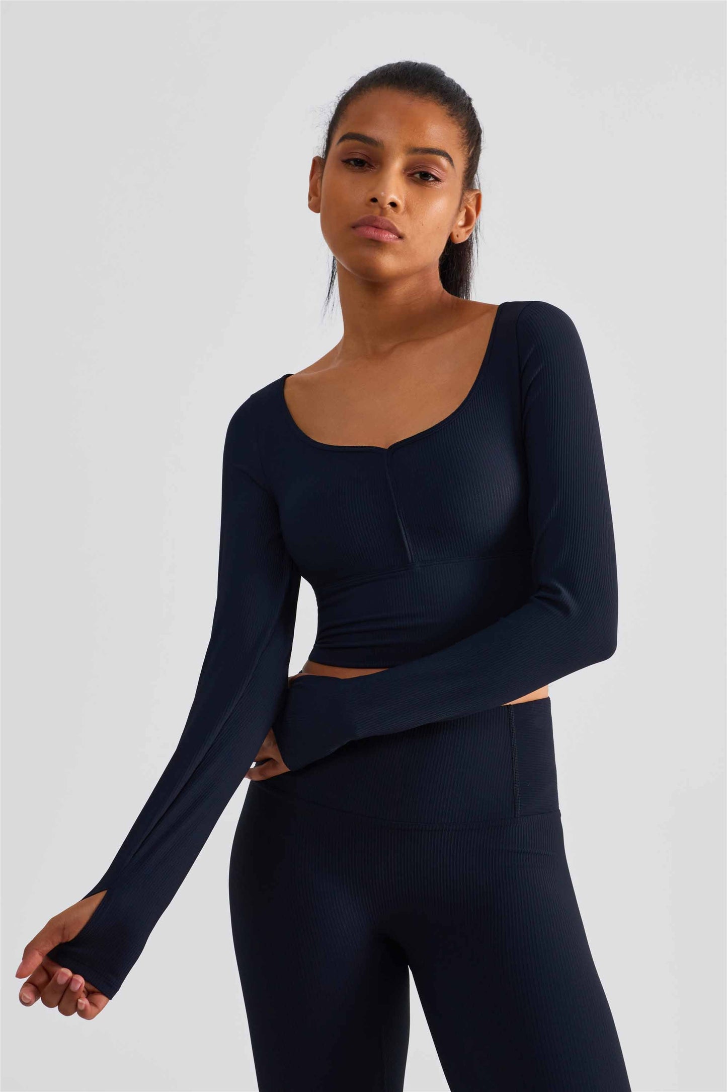 CX1504-FPS semi-fixed cup long-sleeved yoga wear spring and summer new sports top women's large neckline tight finger set fitness wear
