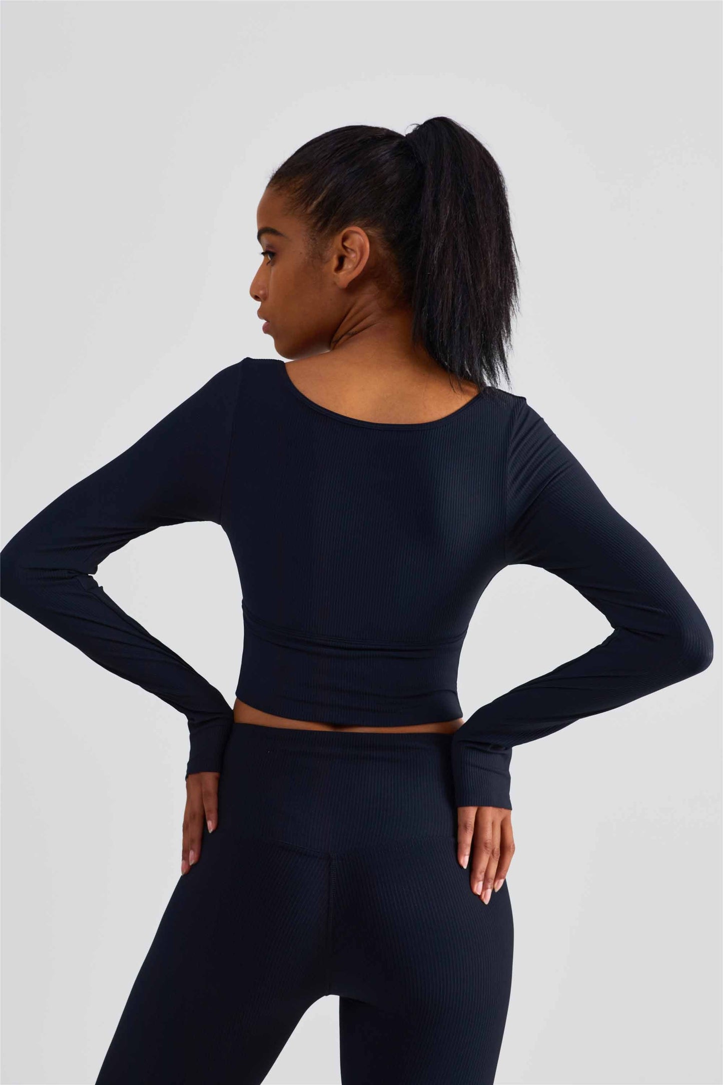 CX1504-FPS semi-fixed cup long-sleeved yoga wear spring and summer new sports top women's large neckline tight finger set fitness wear