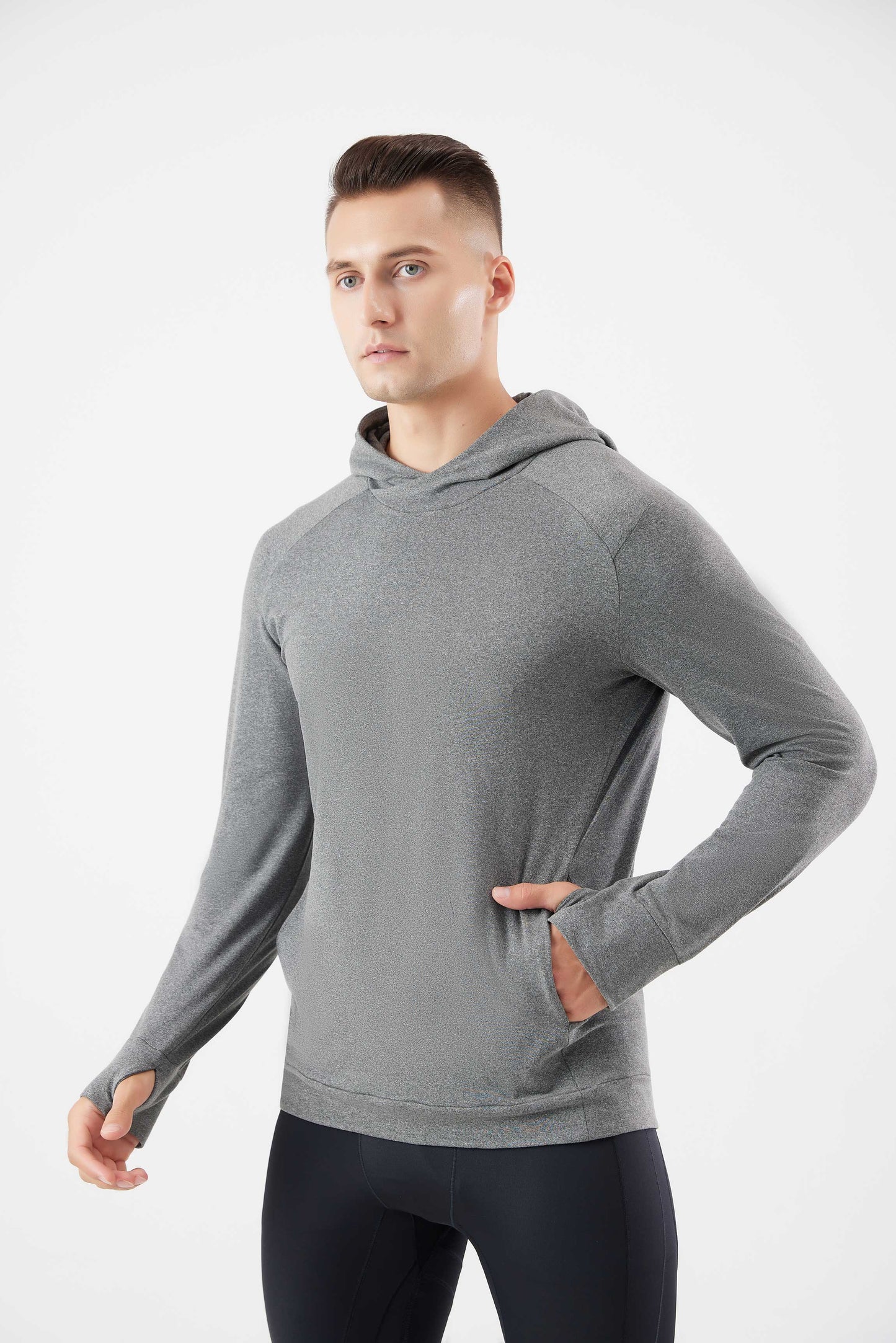 HRYT23005-Autumn and winter running hooded warm hoodie long sleeve jacket outdoor skiing plus velvet thumb hole fitness training clothes