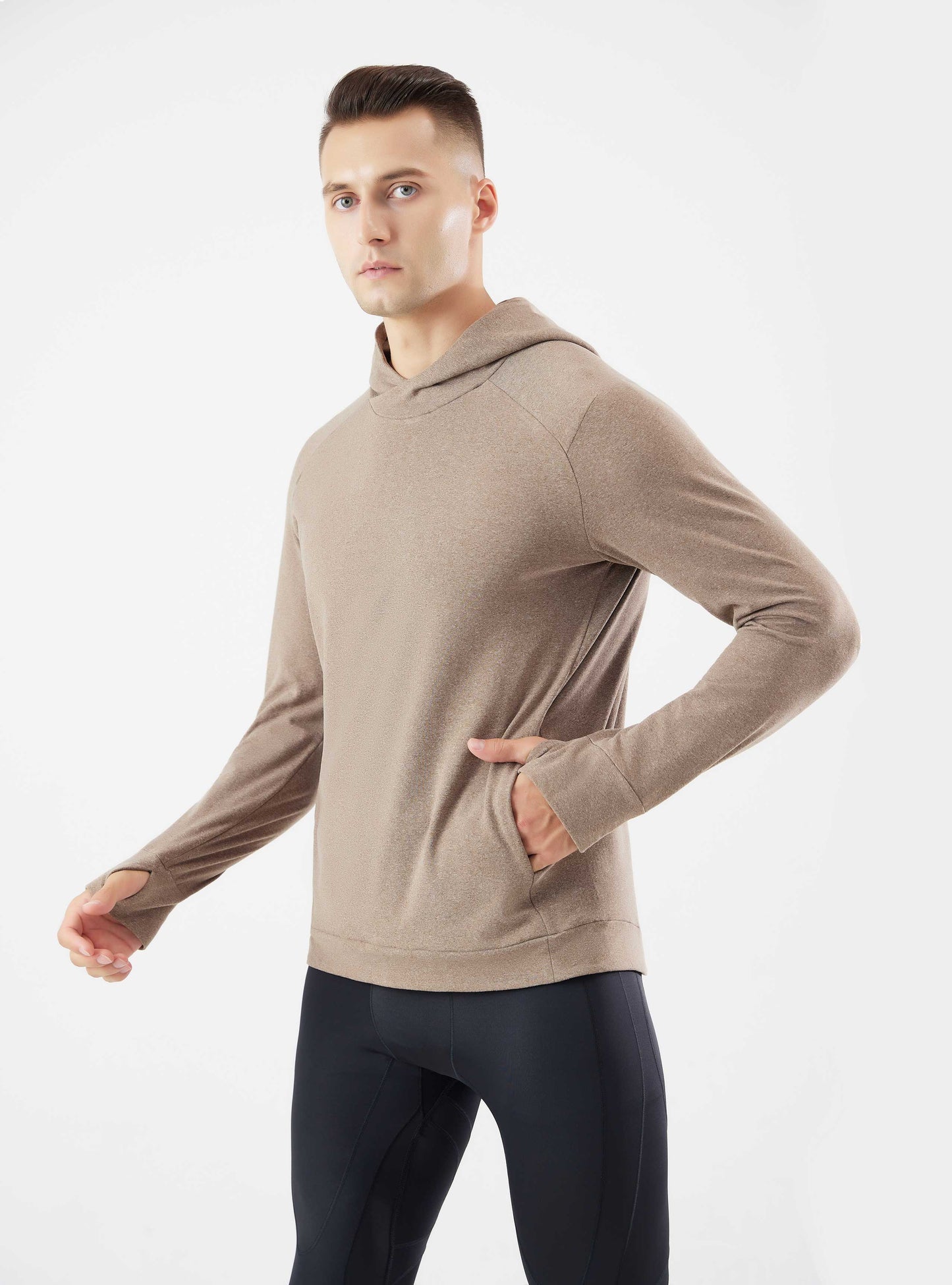 HRYT23005-Autumn and winter running hooded warm hoodie long sleeve jacket outdoor skiing plus velvet thumb hole fitness training clothes