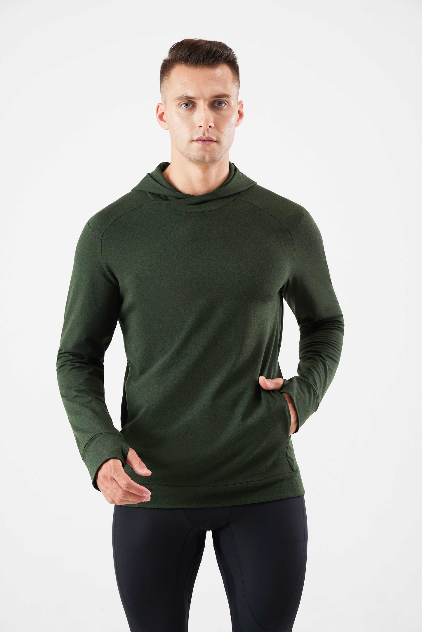 HRYT23005-Autumn and winter running hooded warm hoodie long sleeve jacket outdoor skiing plus velvet thumb hole fitness training clothes