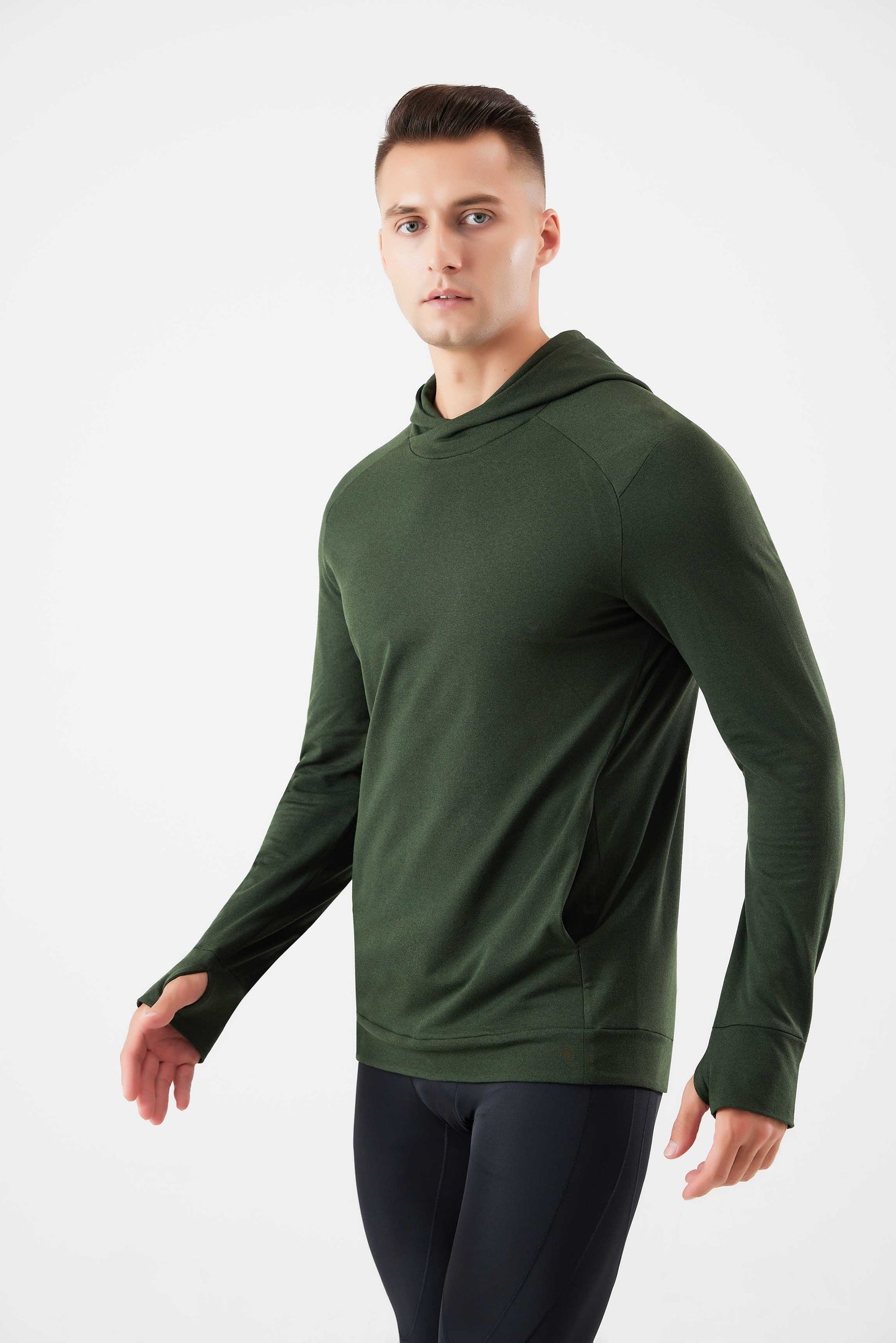 HRYT23005-Autumn and winter running hooded warm hoodie long sleeve jacket outdoor skiing plus velvet thumb hole fitness training clothes