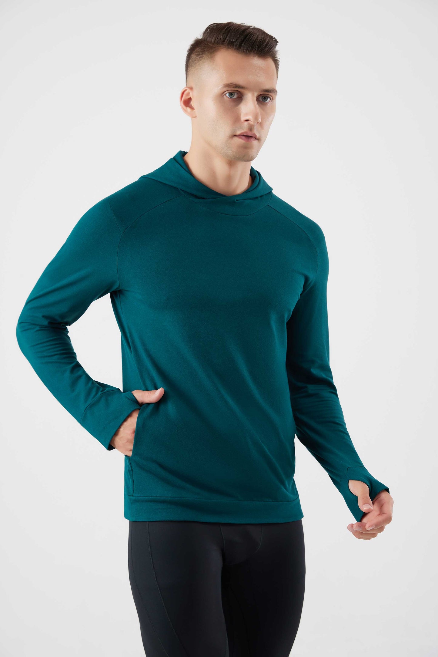 HRYT23005-Autumn and winter running hooded warm hoodie long sleeve jacket outdoor skiing plus velvet thumb hole fitness training clothes