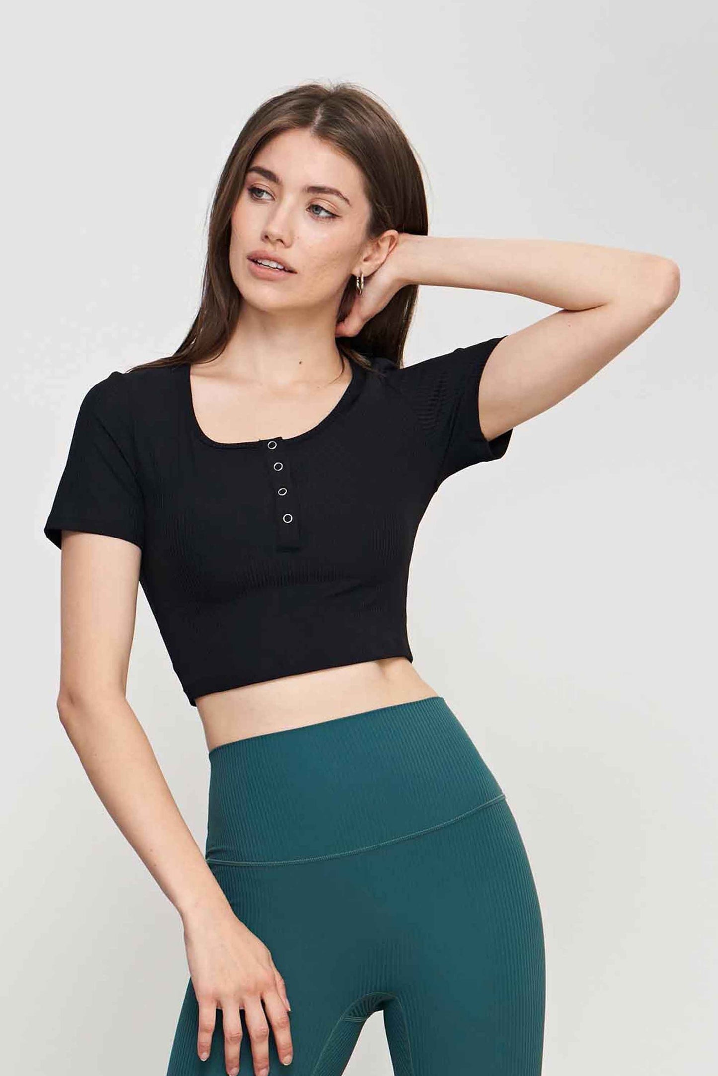 TX1537-Nuls ribbed nude Yoga Top Women's spring and summer skinny short-sleeved open and close buckle sport T-shirt