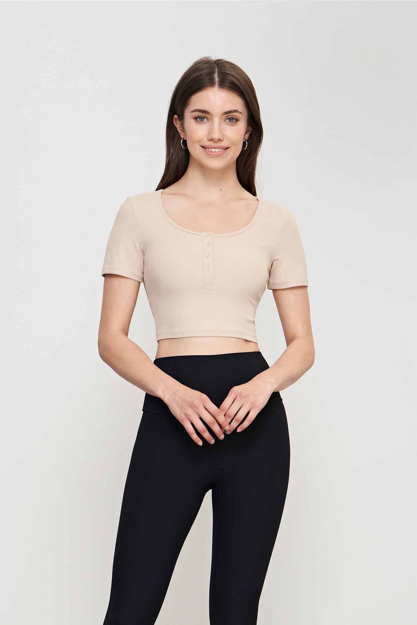 TX1537-Nuls ribbed nude Yoga Top Women's spring and summer skinny short-sleeved open and close buckle sport T-shirt