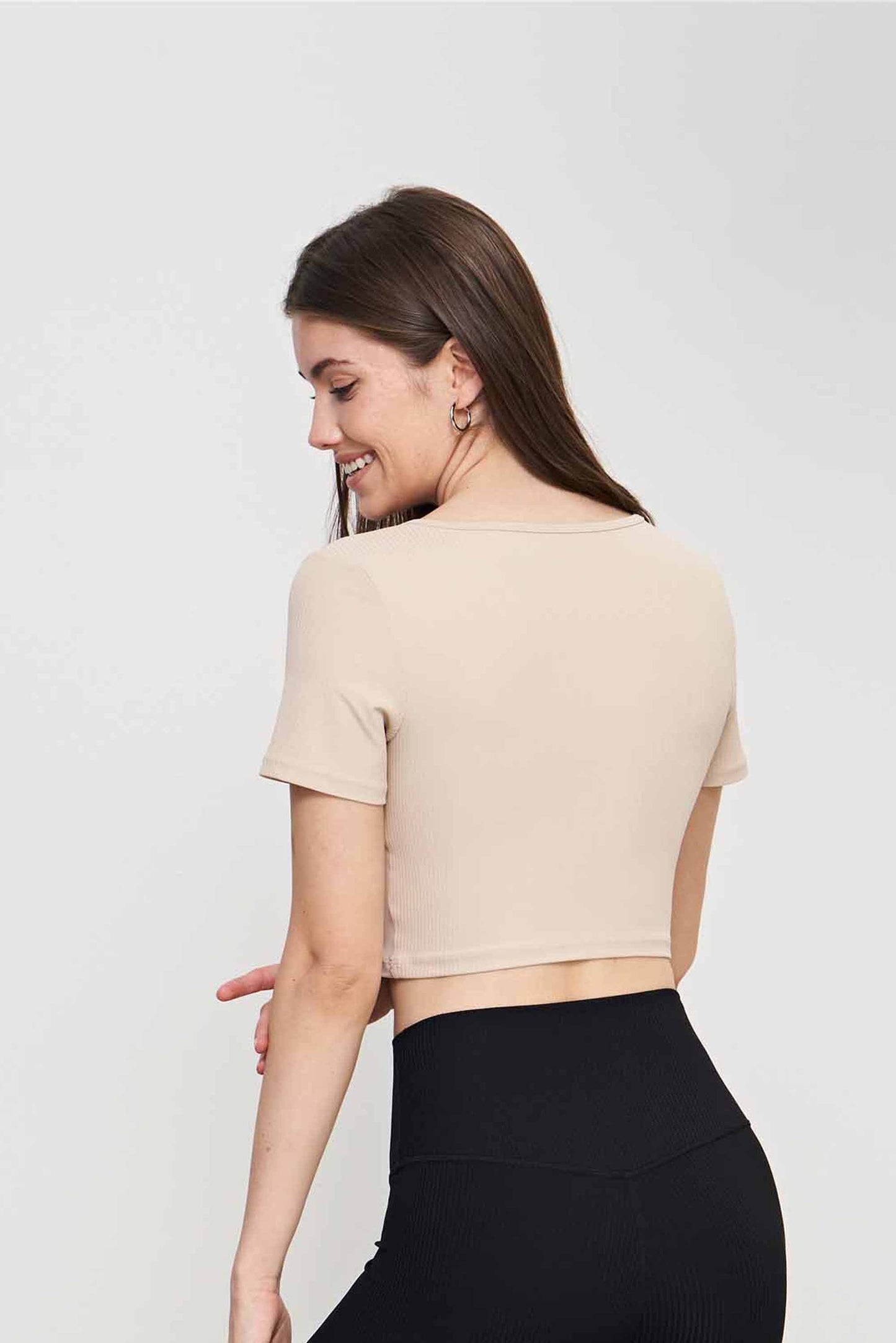 TX1537-Nuls ribbed nude Yoga Top Women's spring and summer skinny short-sleeved open and close buckle sport T-shirt