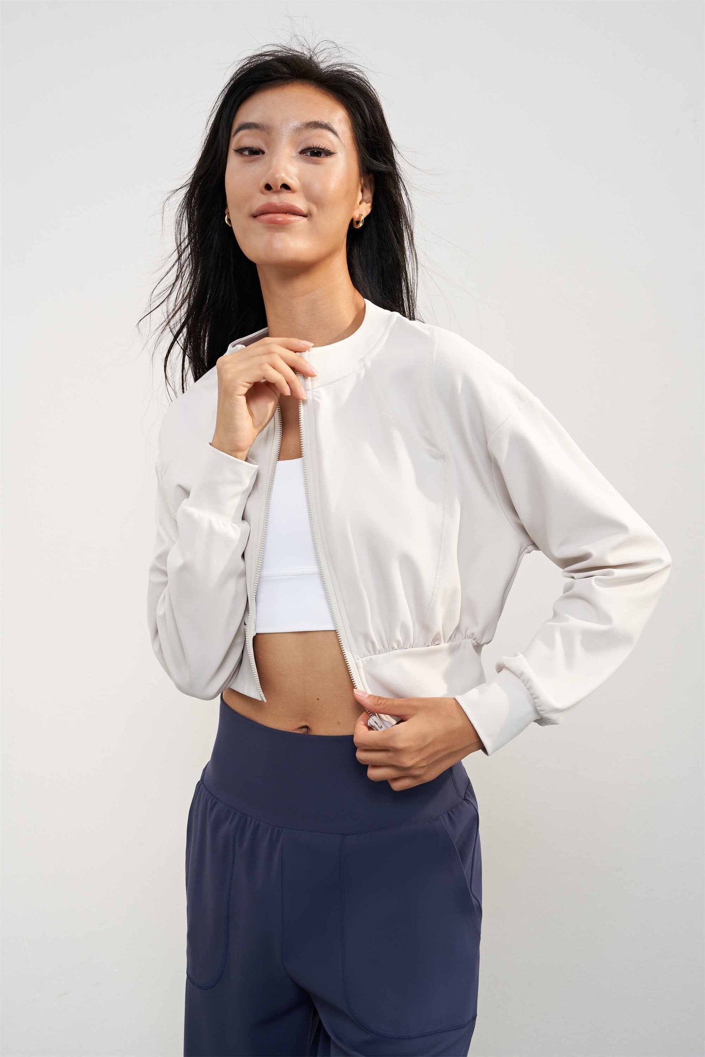 WT1598-Nuls thickened ground fur Fall/Winter Yoga coat Round neck waist short Slimming long sleeve zipper cardigan blazer