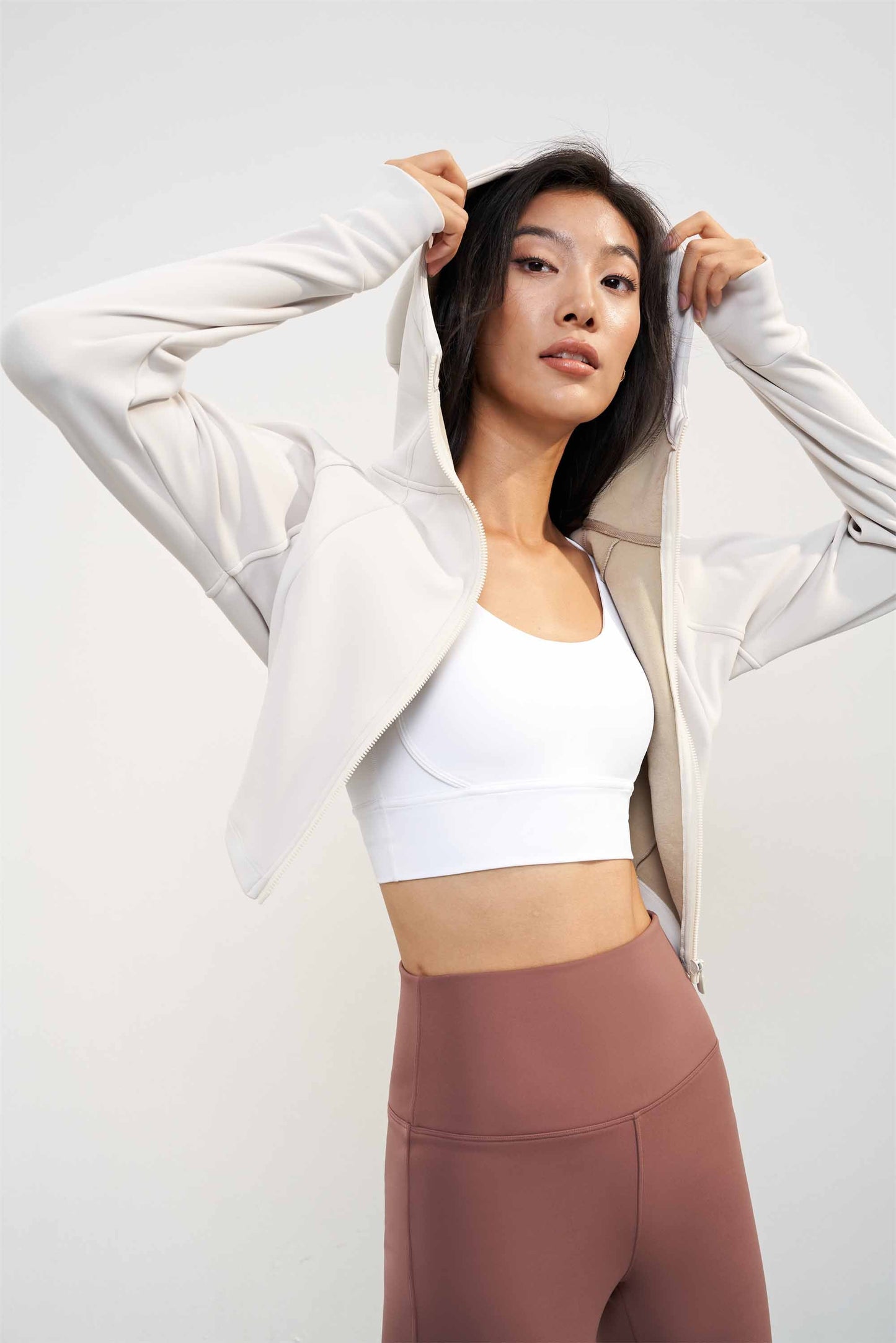 WT1606-LNU velvet-lined hooded stand-up collar sports coat Autumn and winter short slimming top women's sports yoga fitness wear