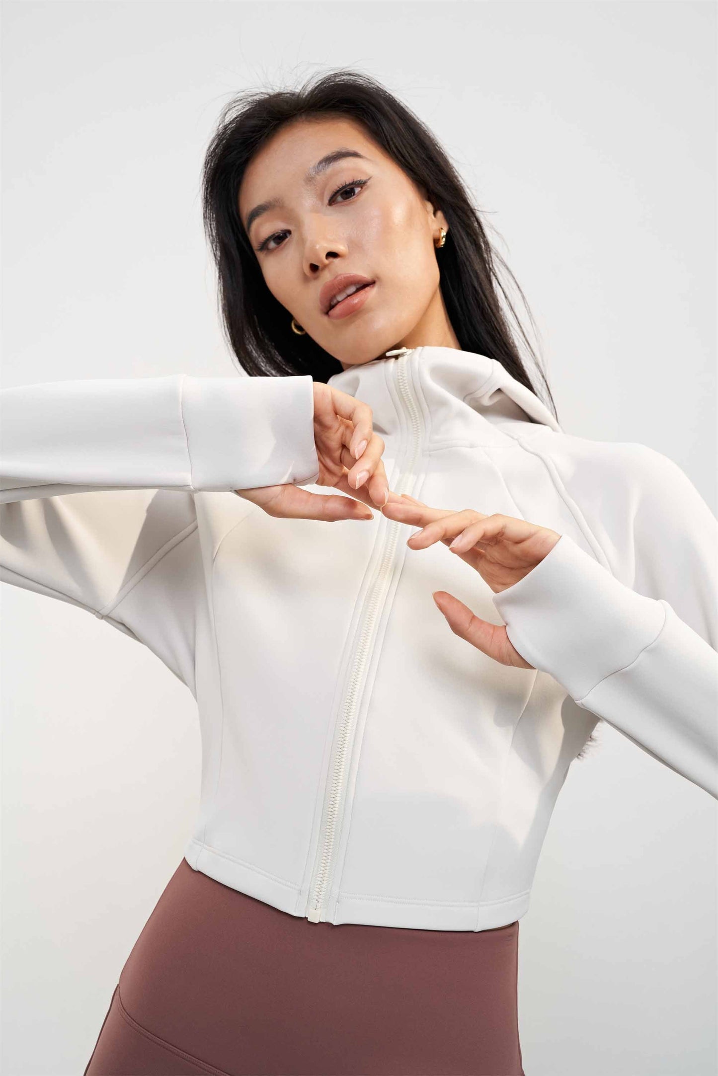 WT1606-LNU velvet-lined hooded stand-up collar sports coat Autumn and winter short slimming top women's sports yoga fitness wear