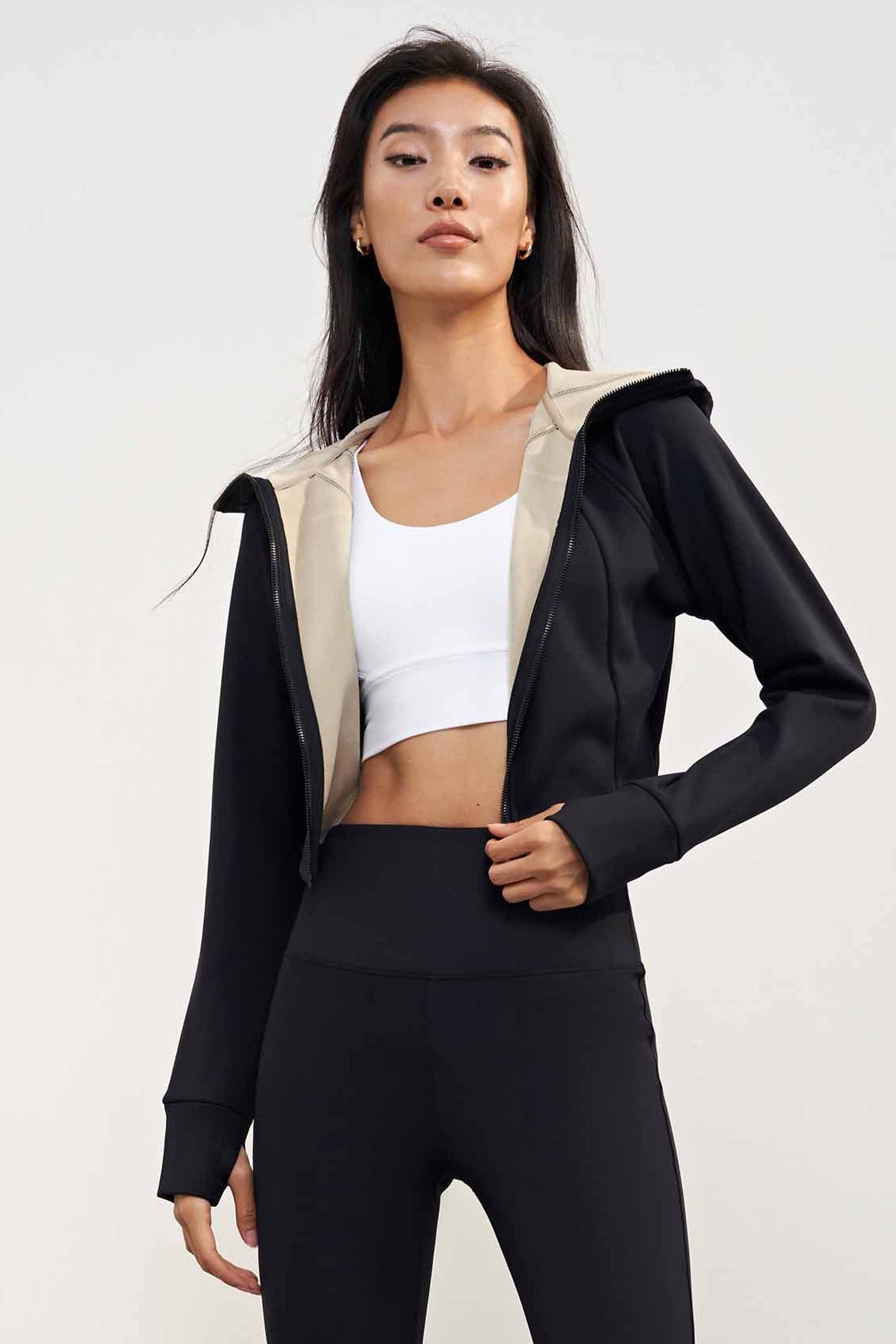 WT1606-LNU velvet-lined hooded stand-up collar sports coat Autumn and winter short slimming top women's sports yoga fitness wear