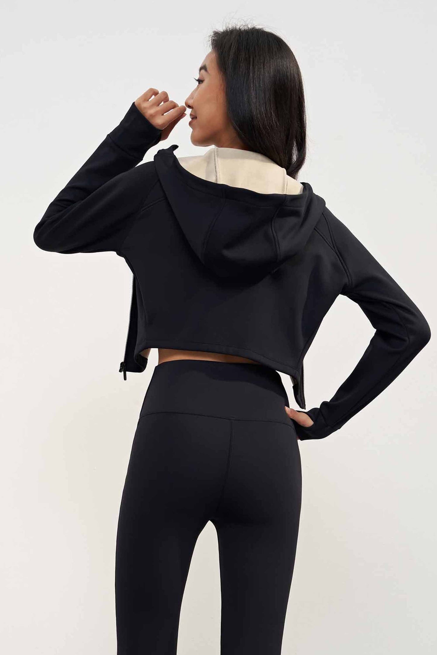 WT1606-LNU velvet-lined hooded stand-up collar sports coat Autumn and winter short slimming top women's sports yoga fitness wear