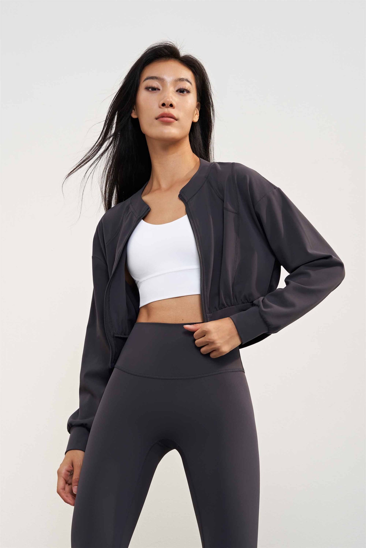 WT1598-Nuls thickened ground fur Fall/Winter Yoga coat Round neck waist short Slimming long sleeve zipper cardigan blazer