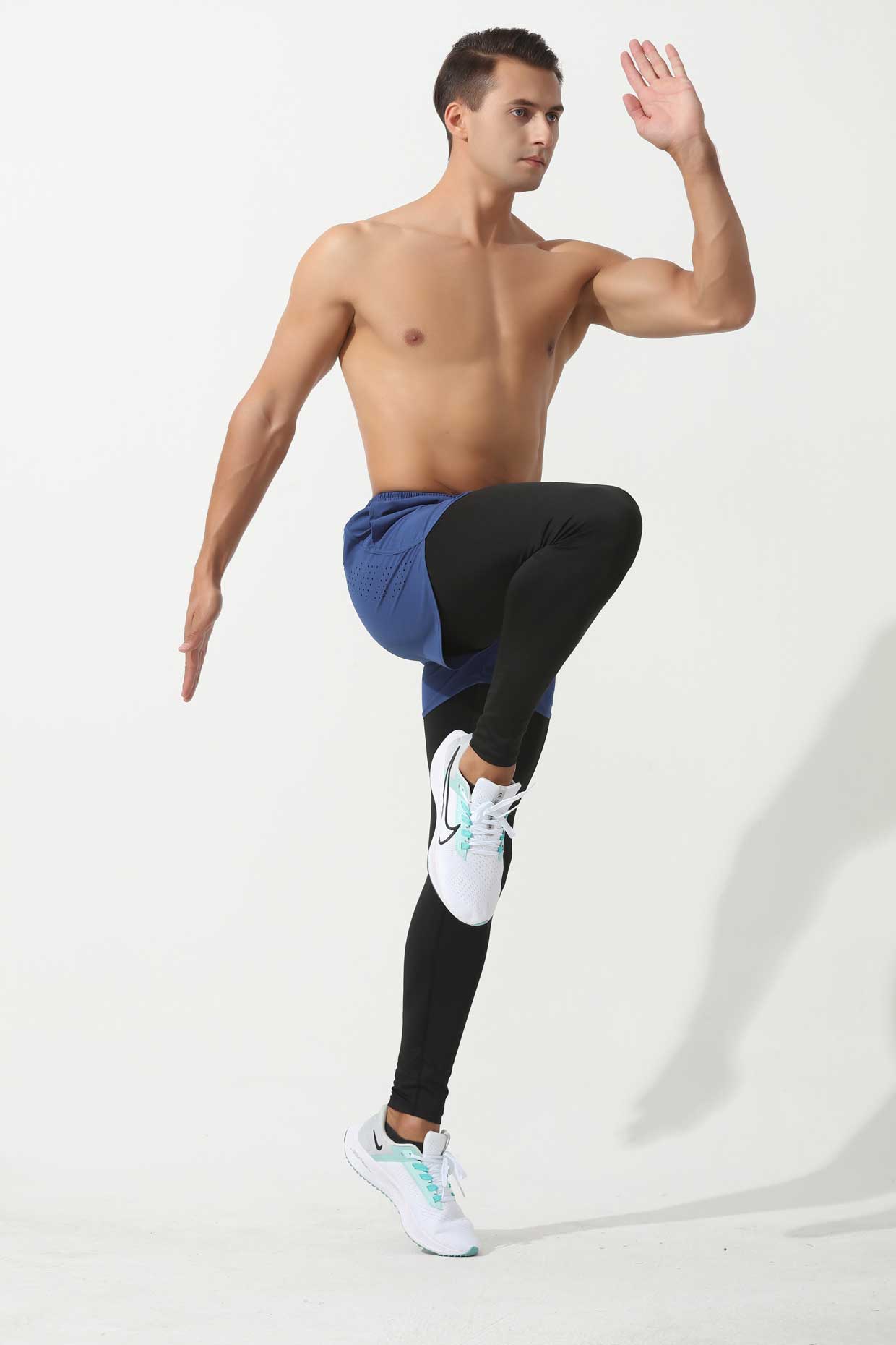 HRYTE60001- Europe and the United States cross-border fitness pants elastic running quick dry pants basketball training pants fake two pairs of tight sweatpants men