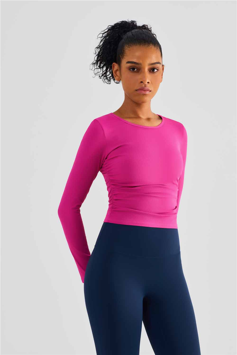 CX1487- New cross-border fold waist yoga long sleeve classic women's round neck breathable sweat casual sports fitness wear