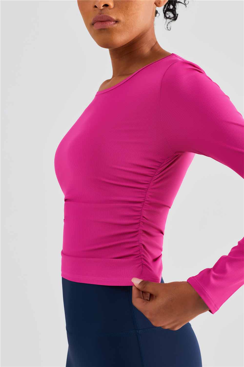 CX1487- New cross-border fold waist yoga long sleeve classic women's round neck breathable sweat casual sports fitness wear