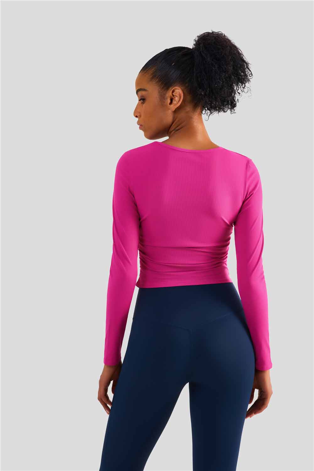 CX1487- New cross-border fold waist yoga long sleeve classic women's round neck breathable sweat casual sports fitness wear