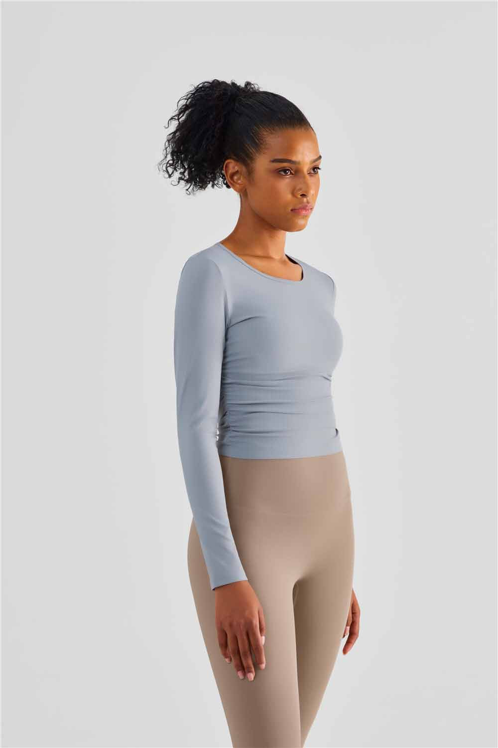 CX1487- New cross-border fold waist yoga long sleeve classic women's round neck breathable sweat casual sports fitness wear