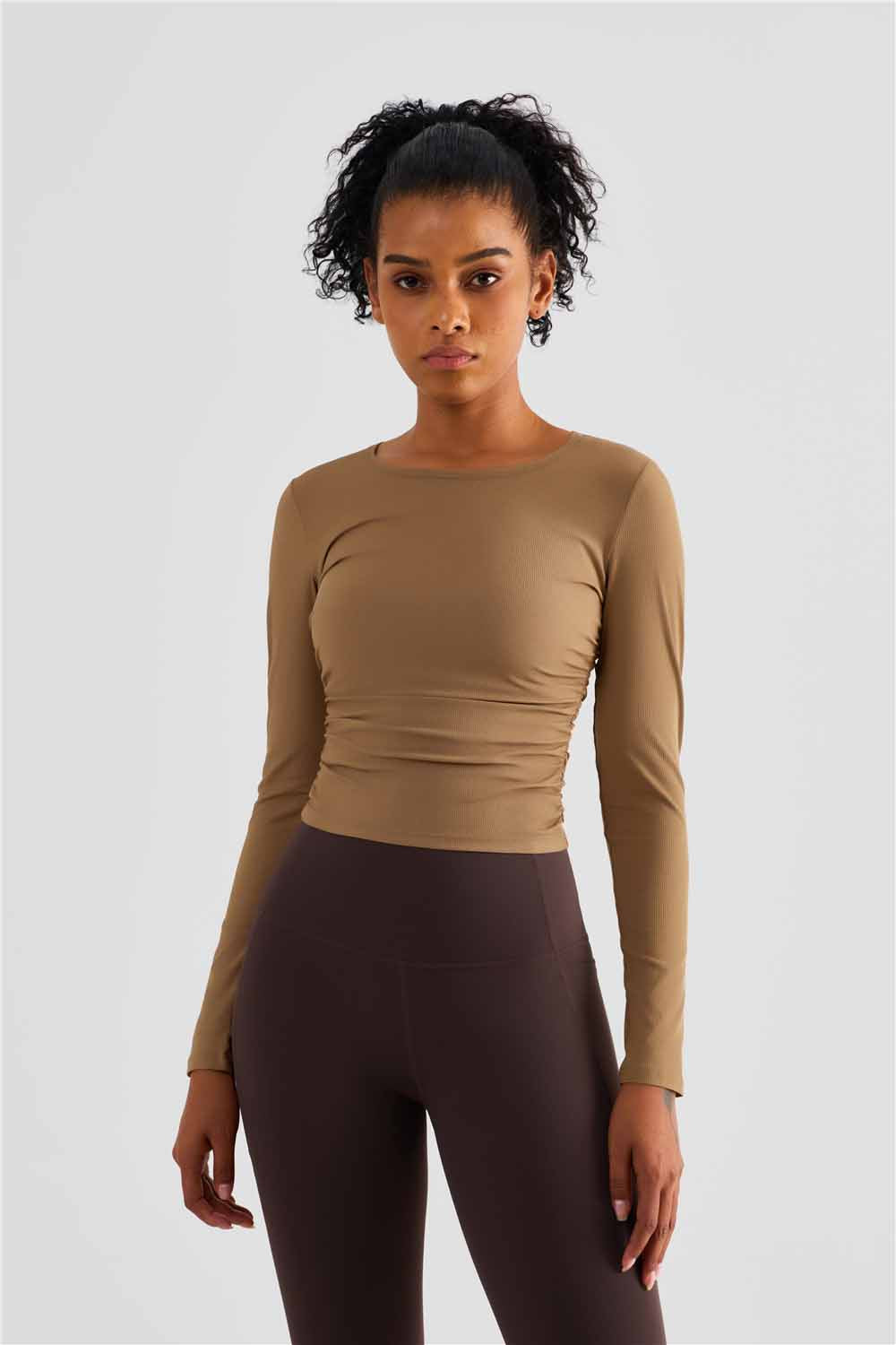 CX1487- New cross-border fold waist yoga long sleeve classic women's round neck breathable sweat casual sports fitness wear