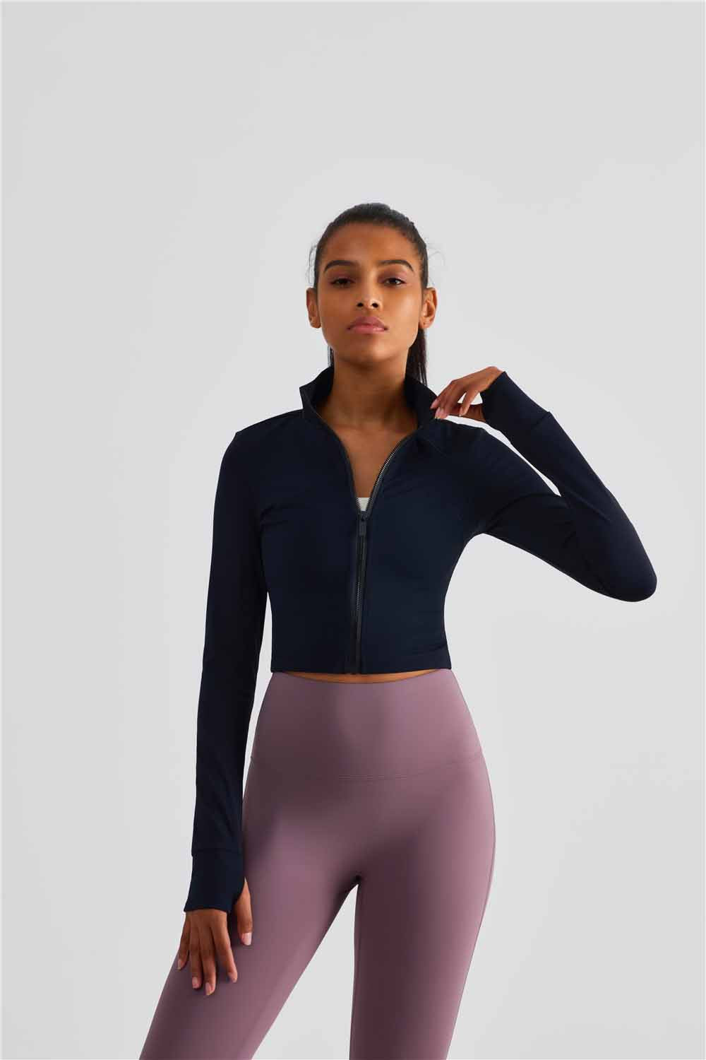 WT1498-BR+ non-slip zipper with finger set sports tights temperament slim fitness wear short waist design training running wear