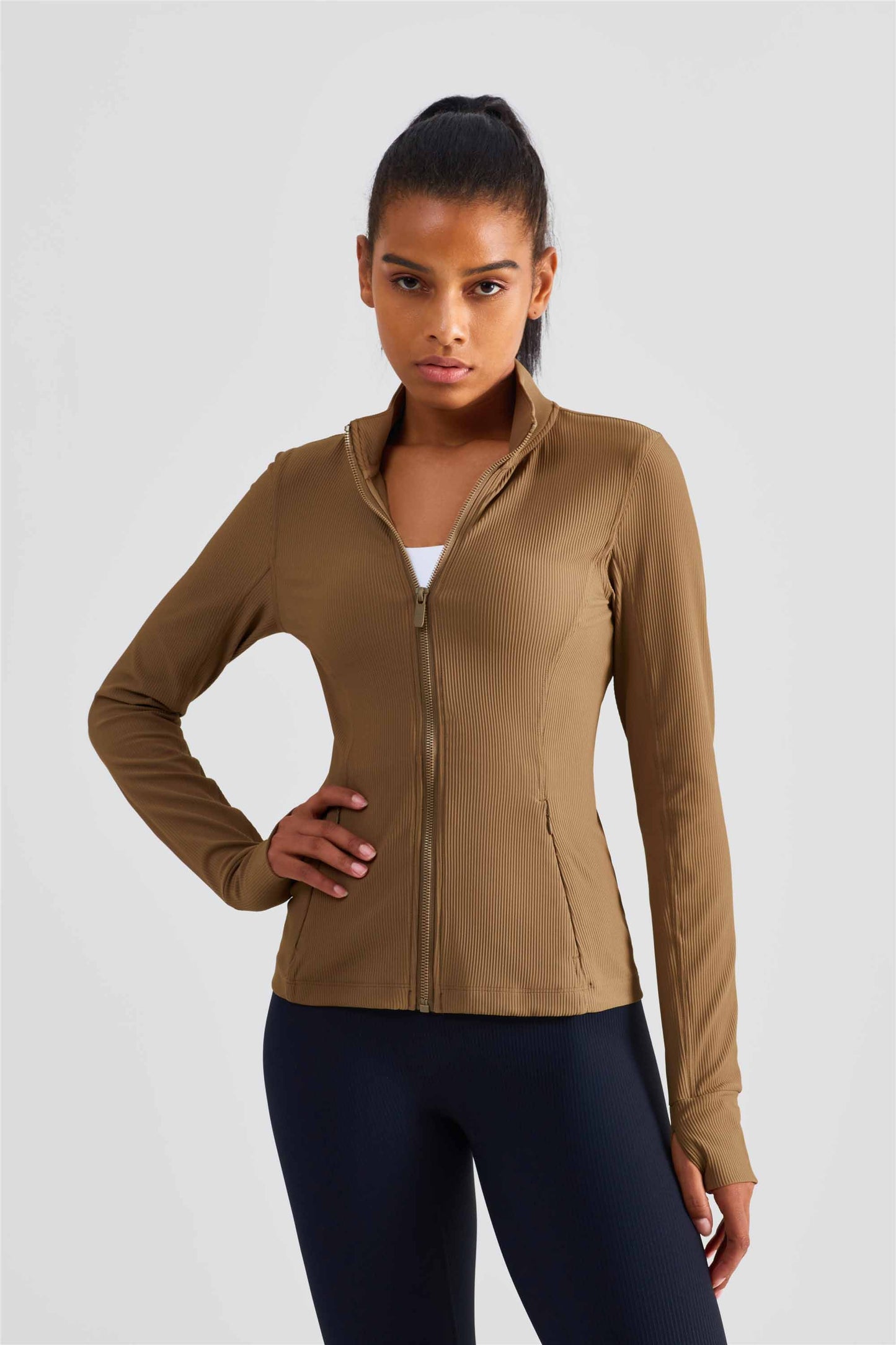 WT1502-Zipper pocket blazer women's one-piece waist vest with finger set collar windproof tights