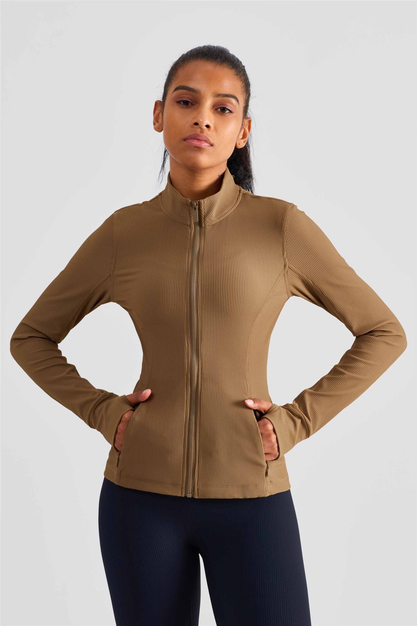 WT1502-Zipper pocket blazer women's one-piece waist vest with finger set collar windproof tights