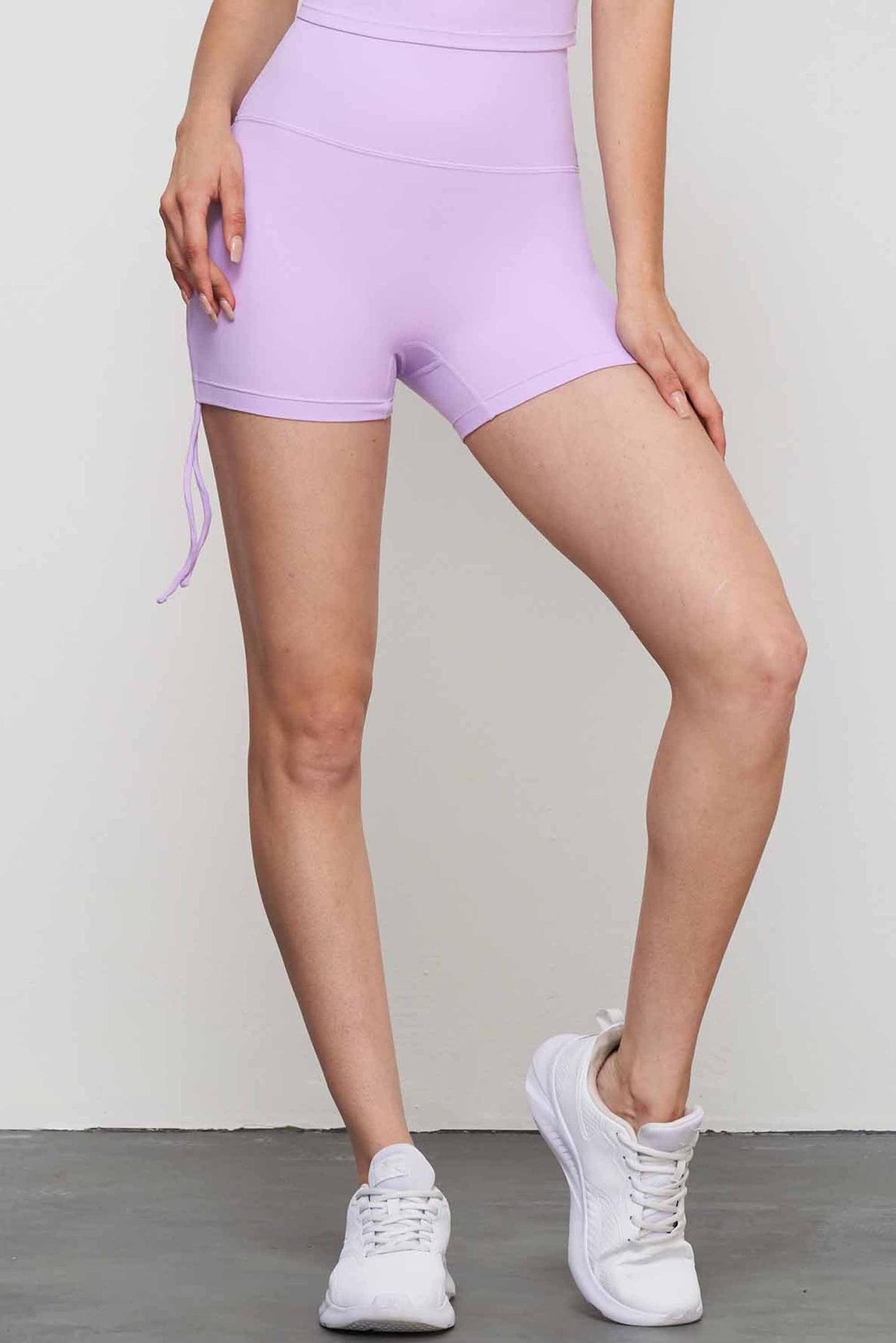 LK1564-Sizeless bare-feel yoga shorts for women with pleats and drawstring, fitness shorts without T, suitable for sports and cycling, peach-shaped two-piece shorts