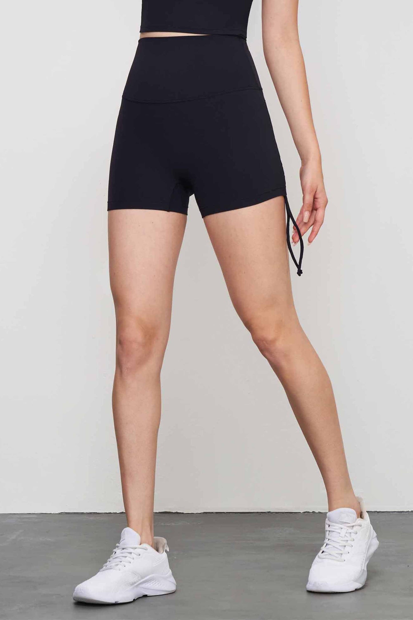 LK1564-Sizeless bare-feel yoga shorts for women with pleats and drawstring, fitness shorts without T, suitable for sports and cycling, peach-shaped two-piece shorts