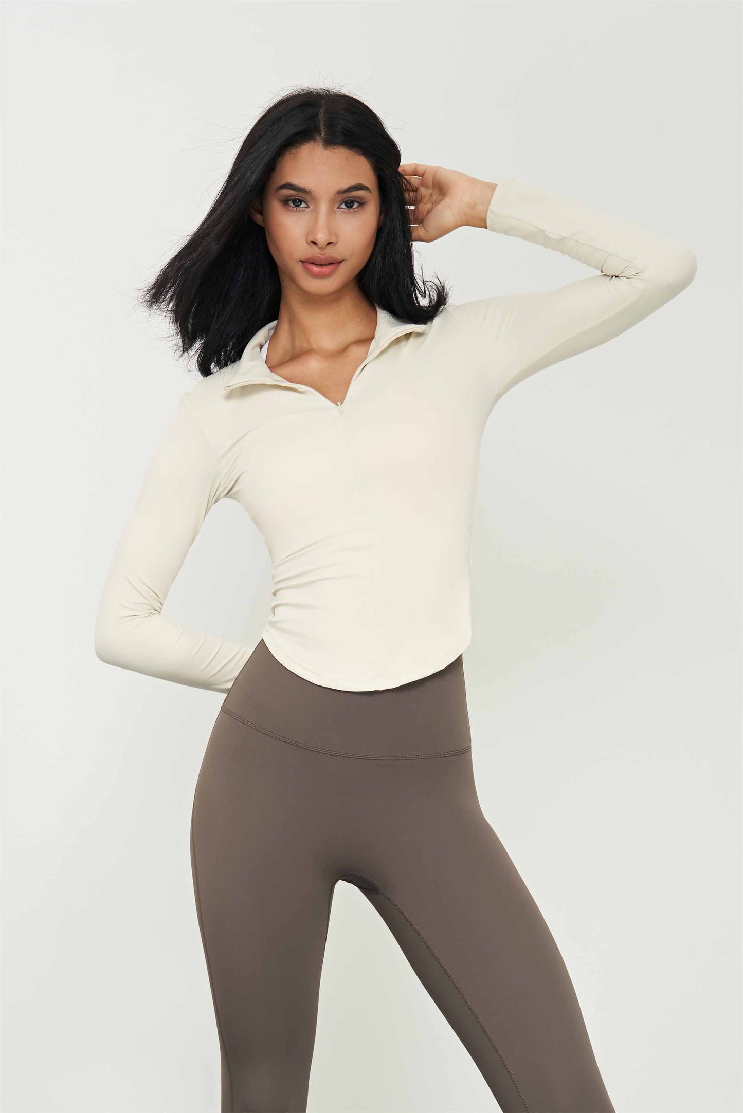 CX1574-NUF new stand collar half zipper yoga T sleeve women's skintight sports top waist slimming fitness wear long sleeves