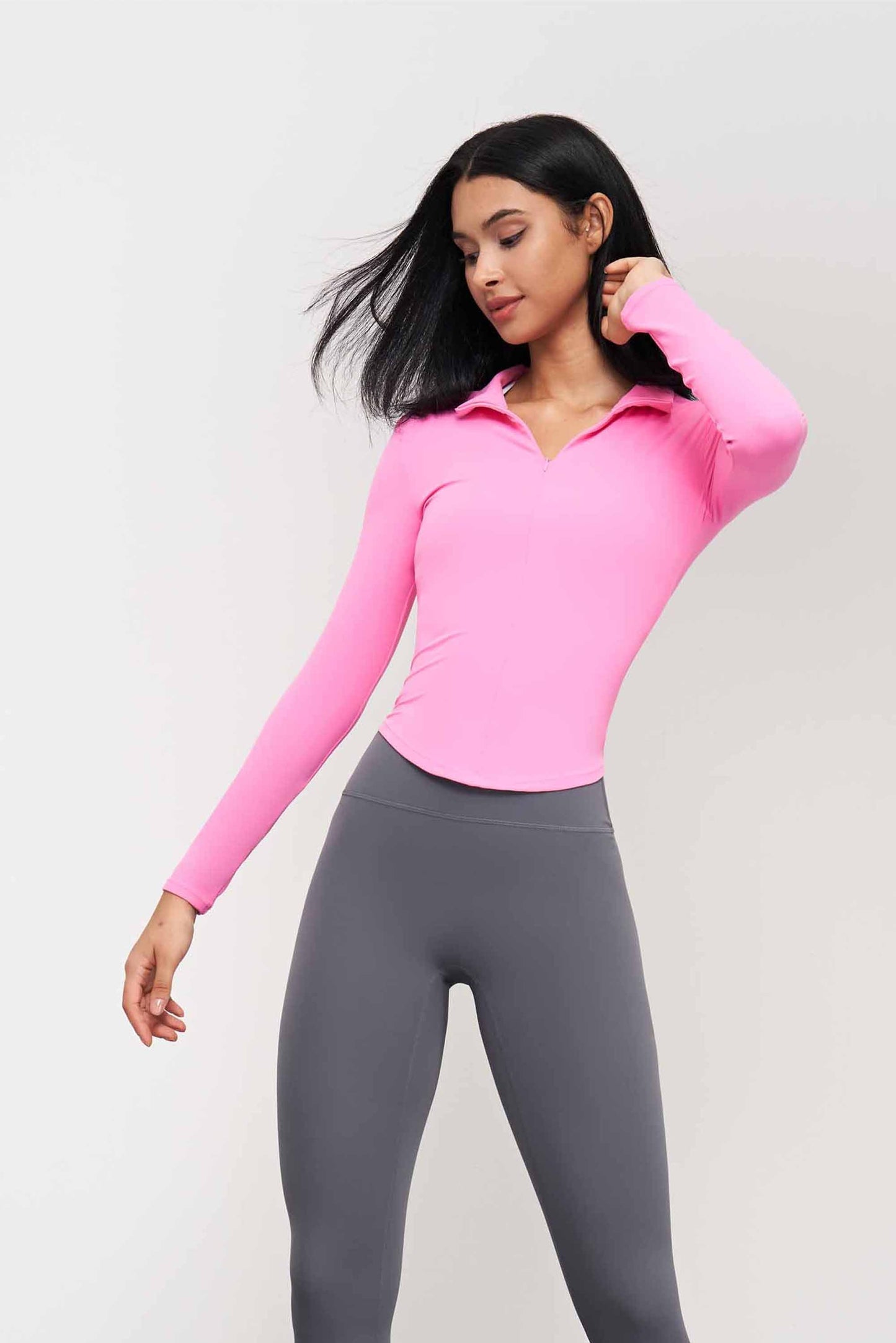 CX1574-NUF new stand collar half zipper yoga T sleeve women's skintight sports top waist slimming fitness wear long sleeves