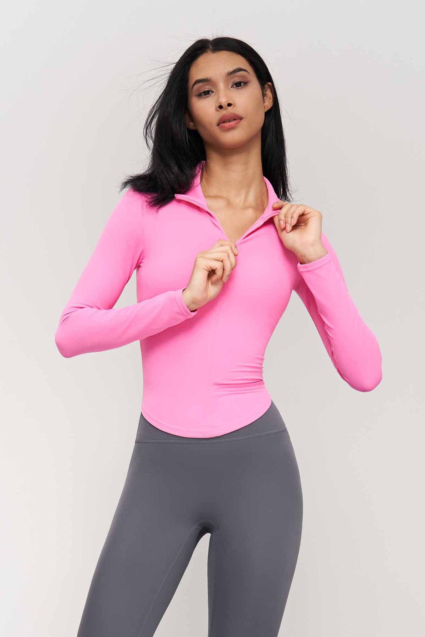 CX1574-NUF new stand collar half zipper yoga T sleeve women's skintight sports top waist slimming fitness wear long sleeves