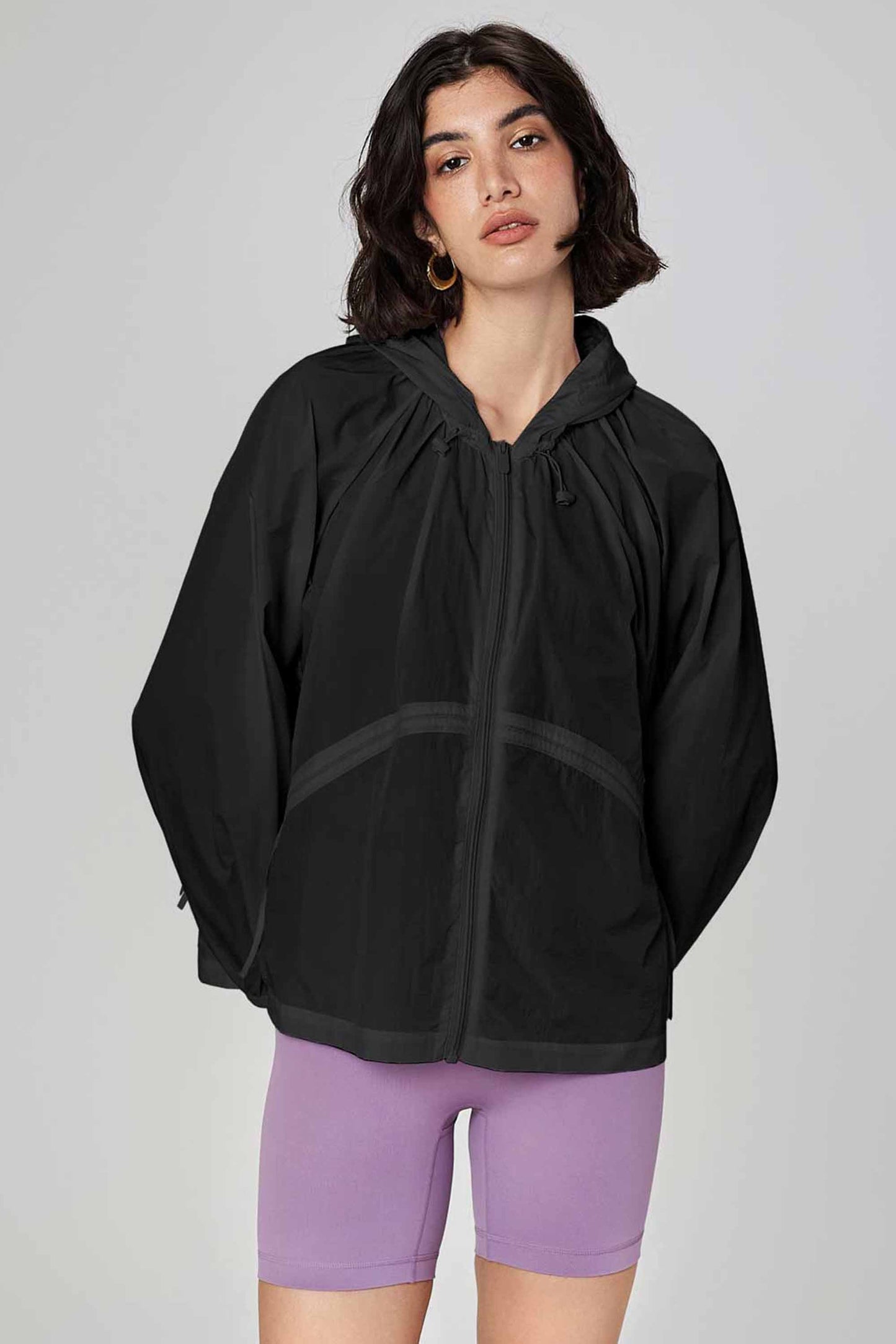 HR41009-Lightweight long-sleeved sports windproof drawstring jacket loose breathable women's zip-up fitness outerwear for summer