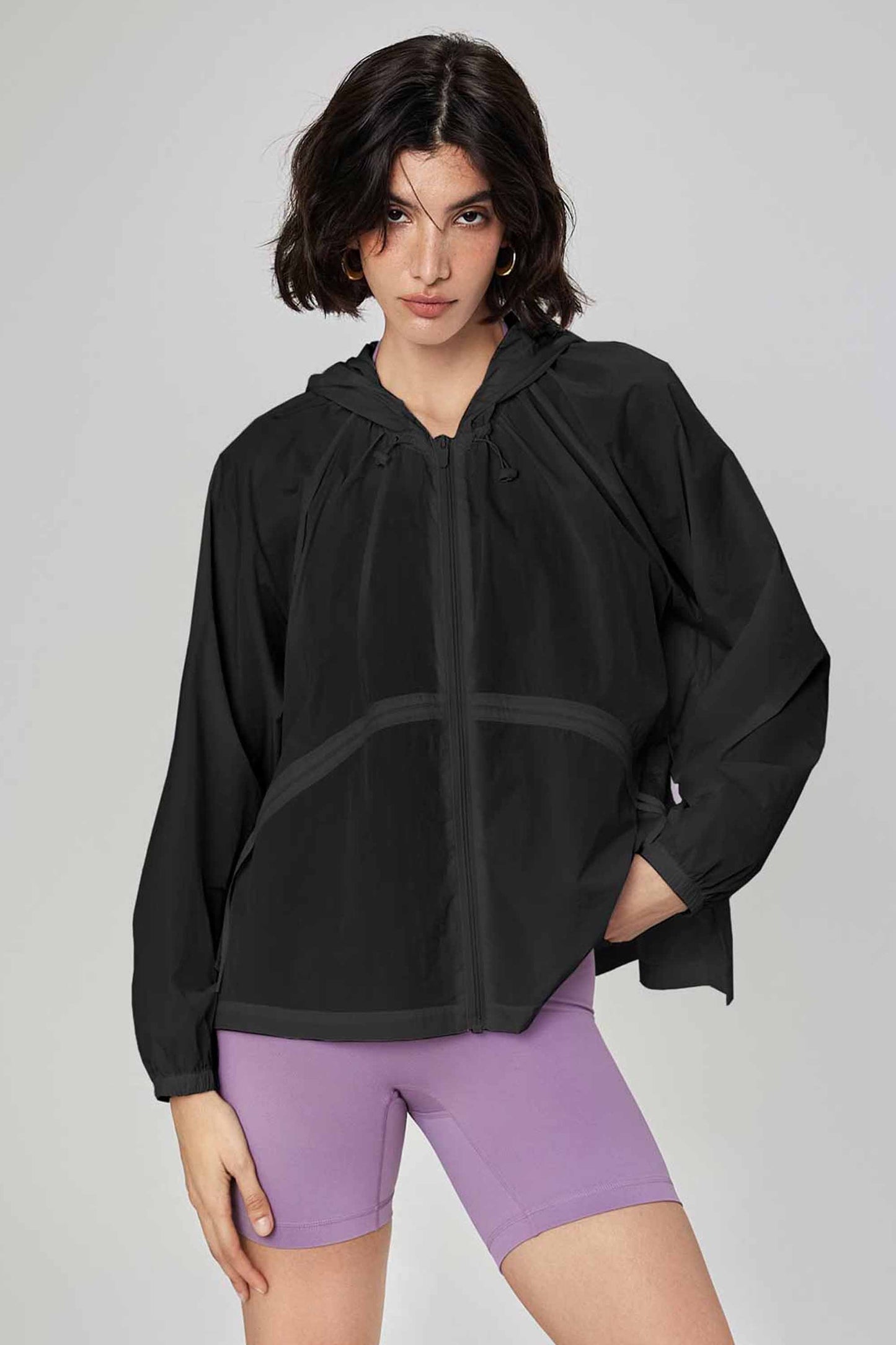 HR41009-Lightweight long-sleeved sports windproof drawstring jacket loose breathable women's zip-up fitness outerwear for summer